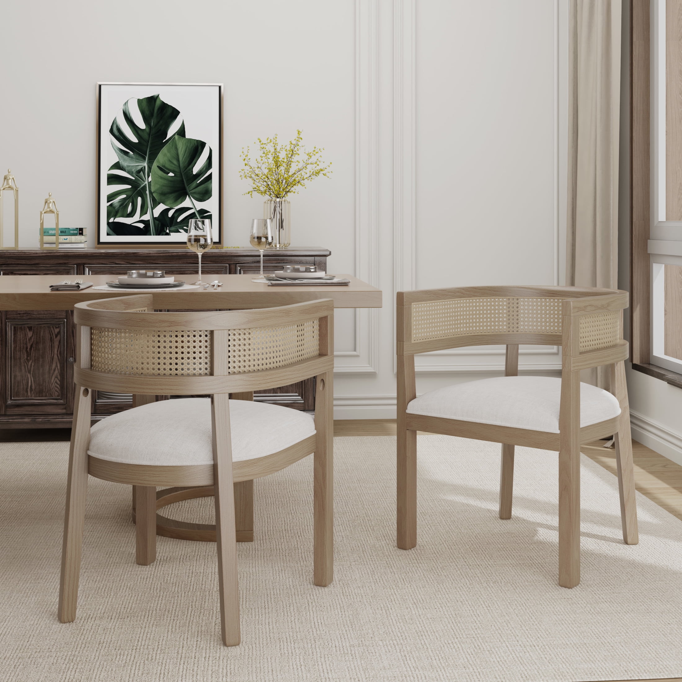 Christopher Knight Home Upholstered Dining Chairs, Wood Frame with Rattan Round Backrest, Light Ash, Set of 2