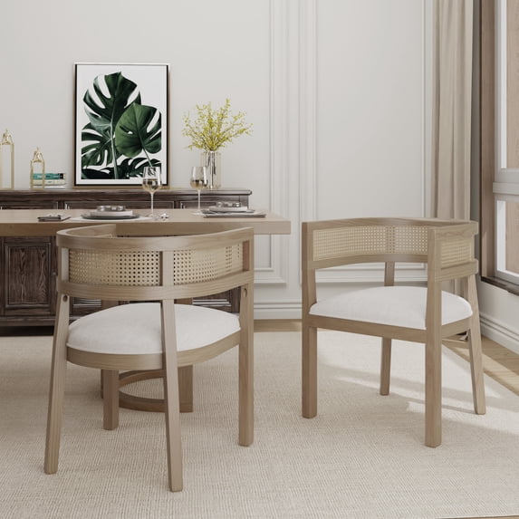Christopher Knight Home Upholstered Dining Chairs, Wood Frame with Rattan Round Backrest, Light Ash, Set of 2