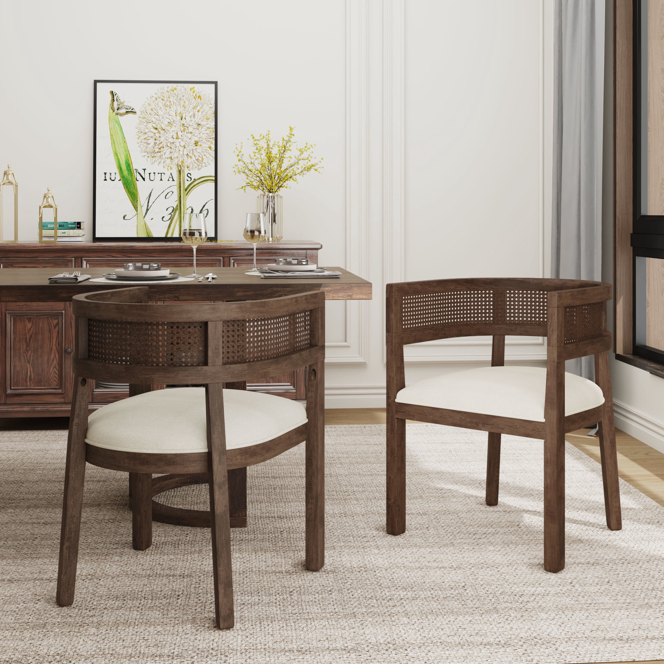 Christopher Knight Home Upholstered Dining Chairs, Wood Frame with Rattan Round Backrest, Walnut, Set of 2