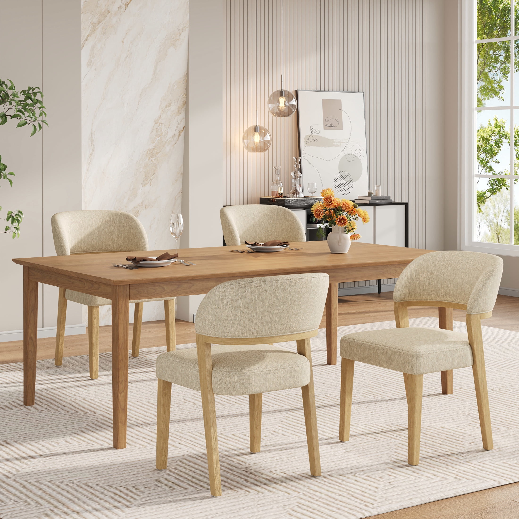 Christopher Knight Home Upholstered Dining Chairs with Solid Wood Frame, Natural+Beige, Set of 4