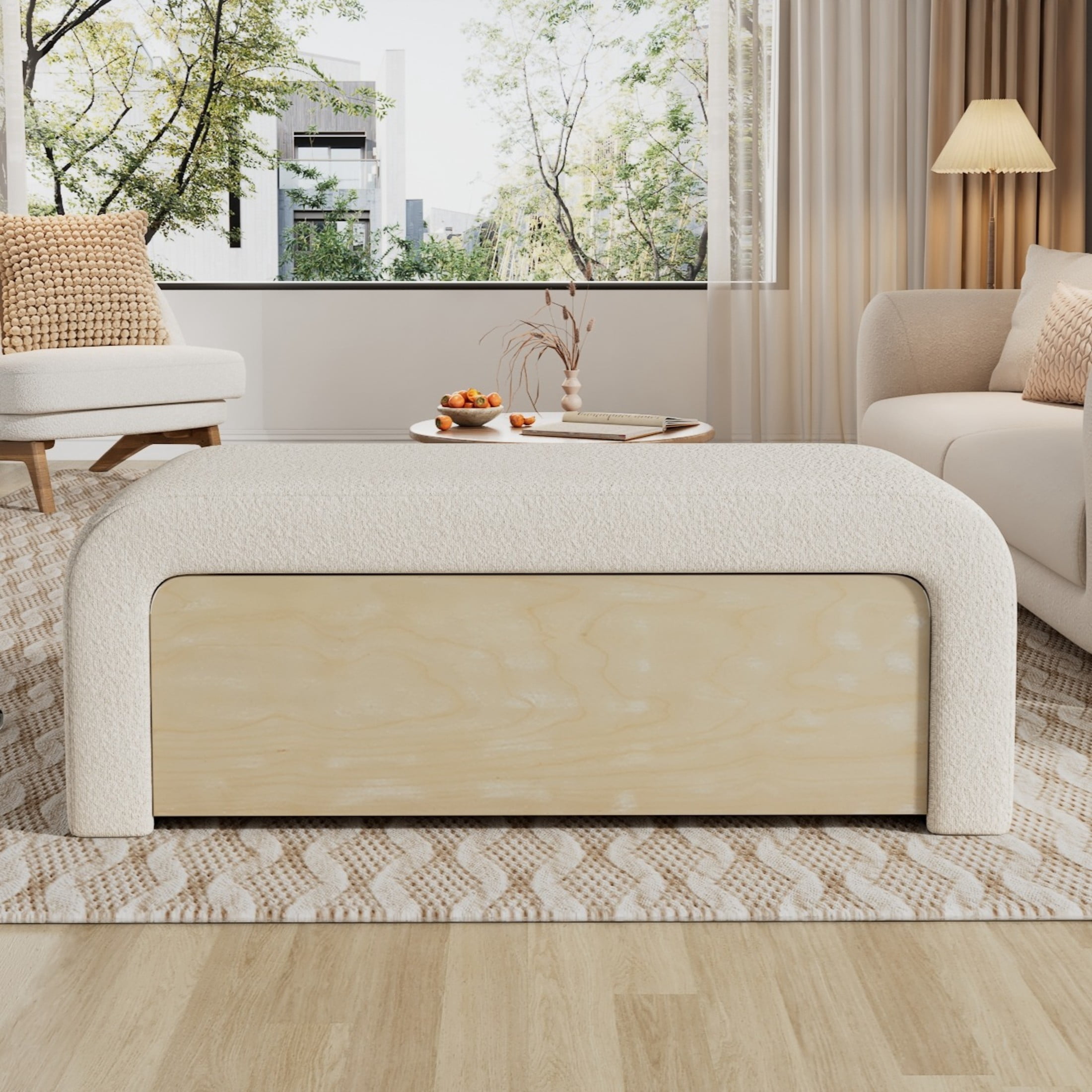 Christopher Knight Home Upholstered Ottoman with Solid Wood Drawer, Storage Footrest, White Boucle Fabric