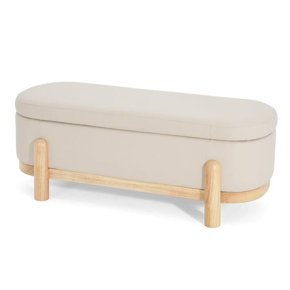 Christopher Knight Home Upholstered Oval Storage Ottoman Bench with Solid Wood Frame, Beige+Natuiral