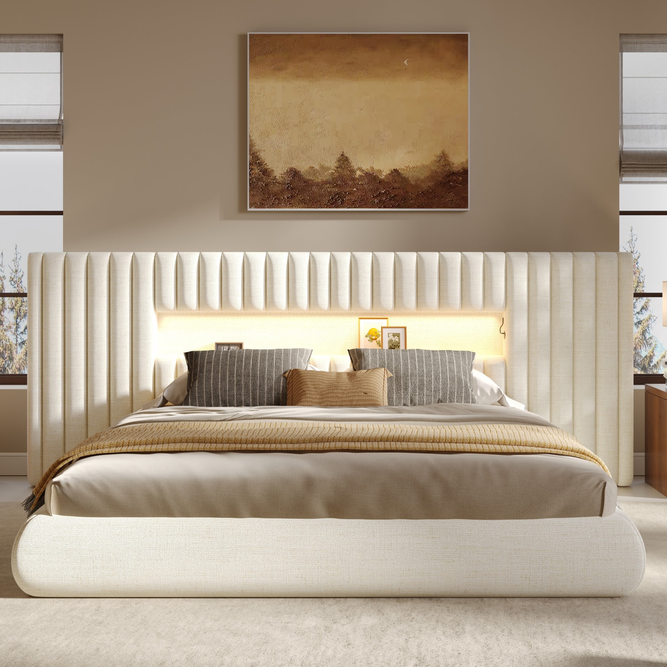 Christopher Knight Home Upholstered Platform Bed Frame with Thick Oversized Headboard, LED Lights, USB Ports, Beige