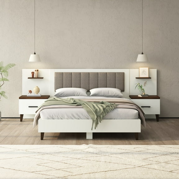 Christopher Knight Home Upholstered Queen Bed Frame with 2 Nightstands & Floating Shelves, Brown+White