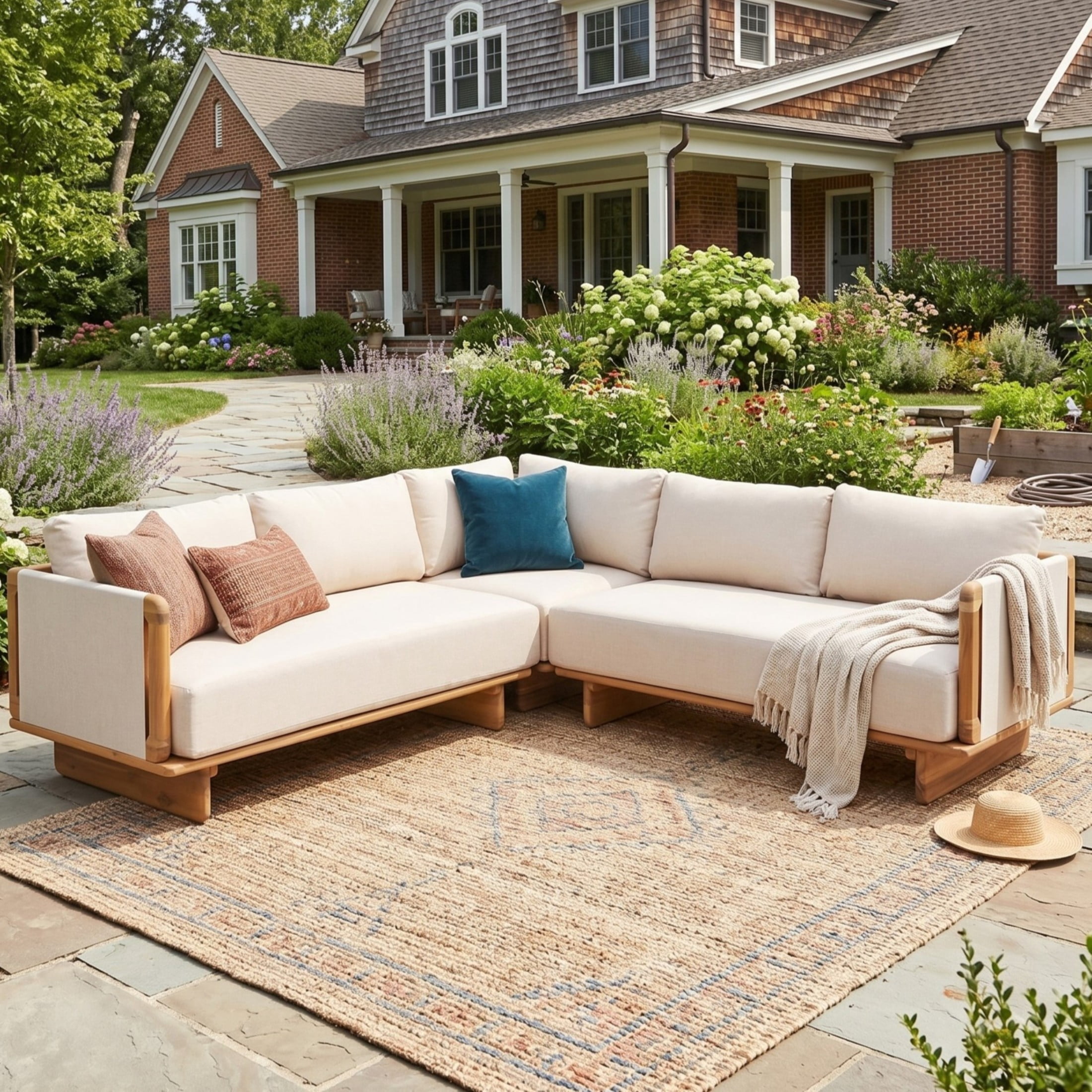 Christopher Knight Home V-Shaped Outdoor Sofa, 5-Seater Sectional with Cushions, Light Teak+Beige