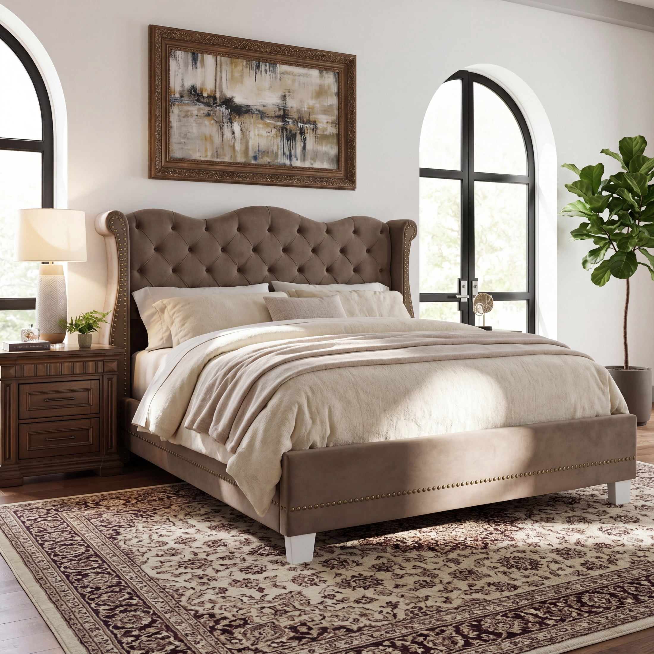Christopher Knight Home Velvet Upholstered Bed Frame with Thick Tufted Wingback Headboard, King Size, Brown