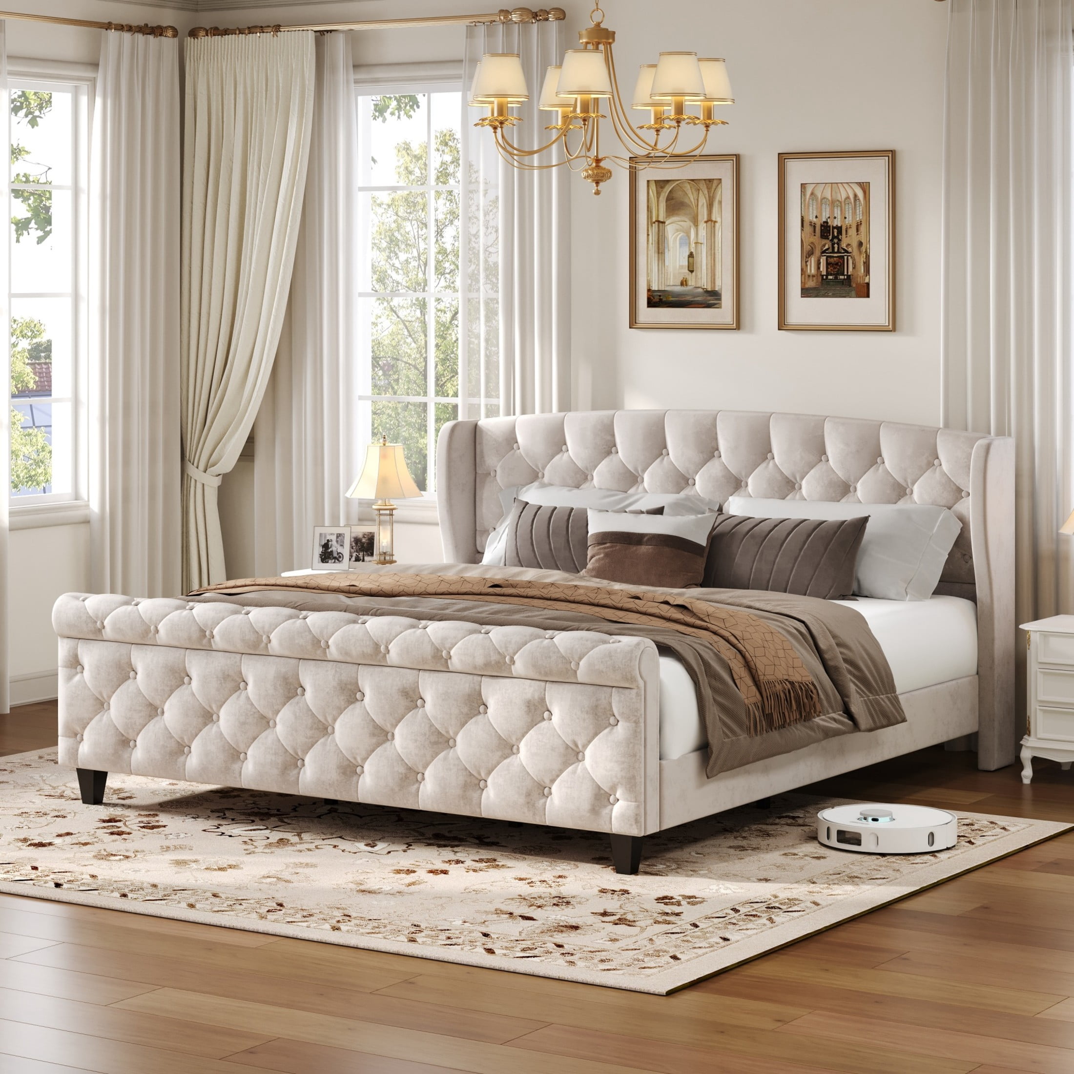 Christopher Knight Home Velvet Upholstered King Bed Frame with Wingback Headboard & Scroll Footboard, Beige