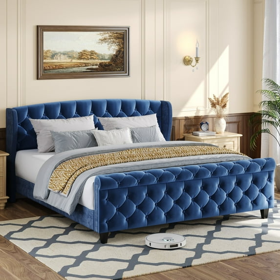 Christopher Knight Home Velvet Upholstered King Bed Frame with Wingback Headboard & Scroll Footboard, Blue