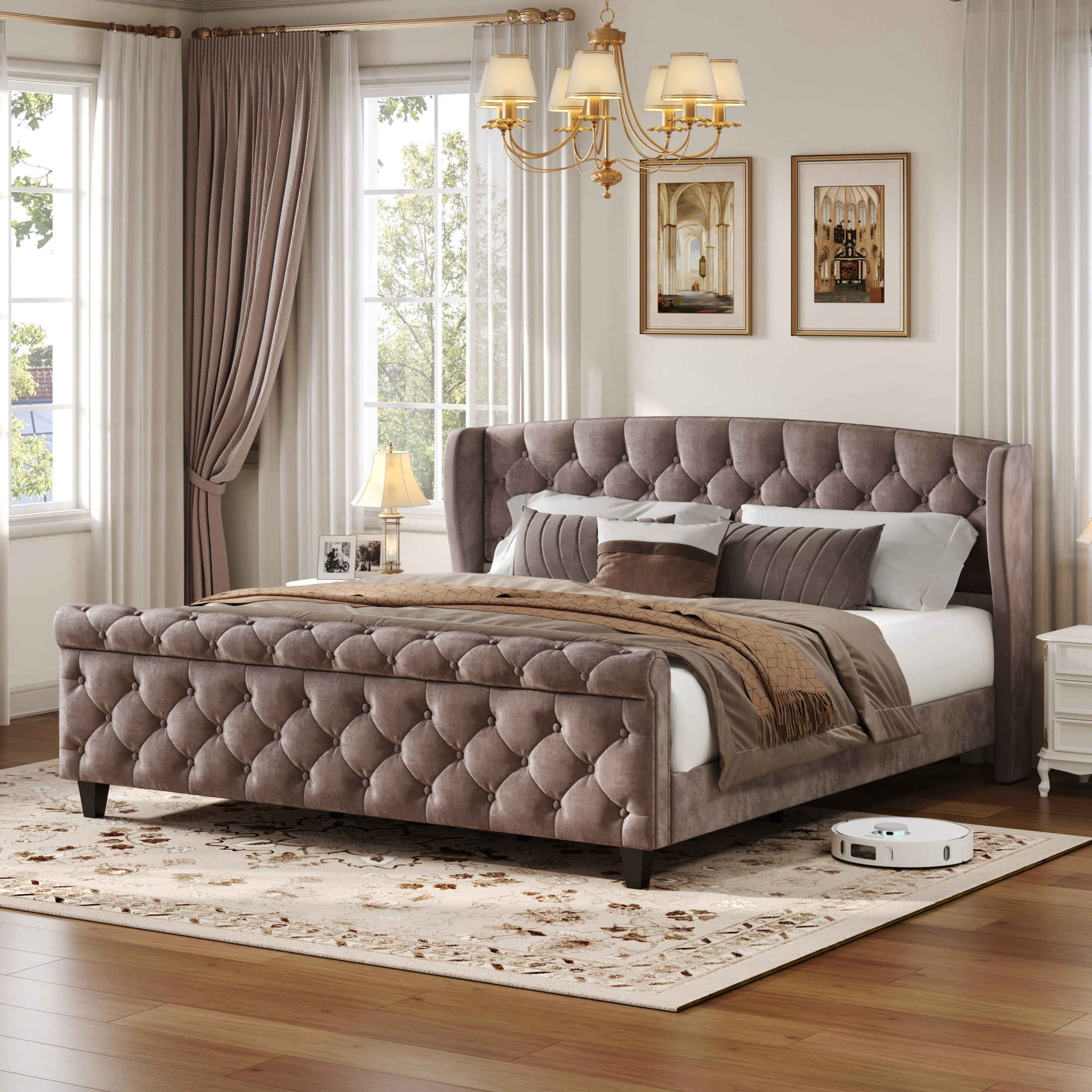 Christopher Knight Home Velvet Upholstered King Bed Frame with Wingback Headboard & Scroll Footboard, Brown
