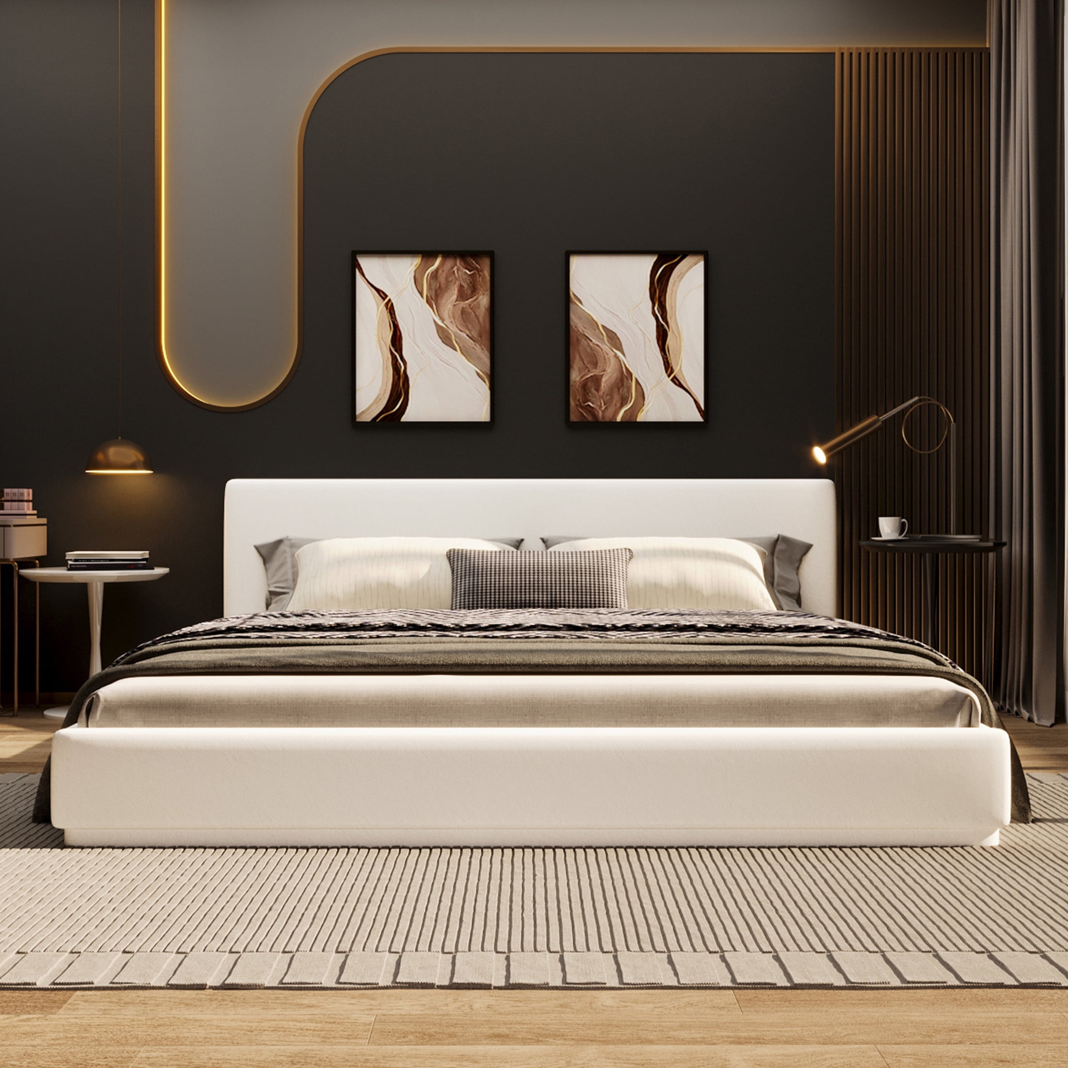Christopher Knight Home Velvet Upholstered King Bed, Solid Wood Platform Bed Frame, White