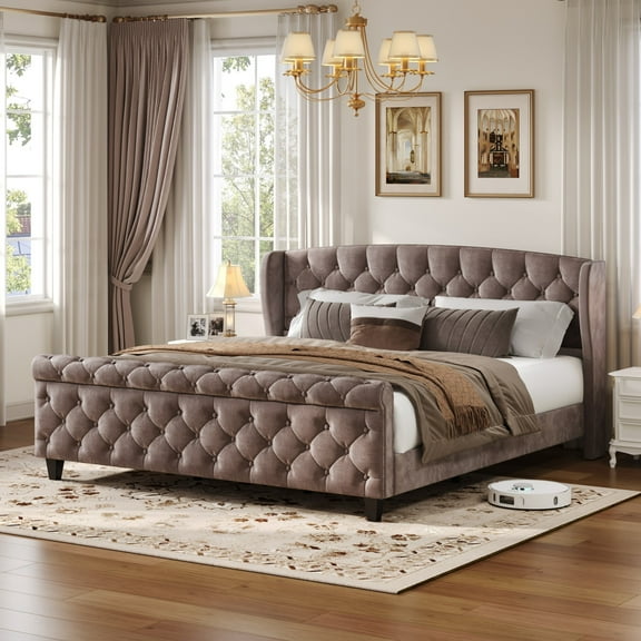 Christopher Knight Home Velvet Upholstered Queen Bed Frame with Wingback Headboard & Scroll Footboard, Brown