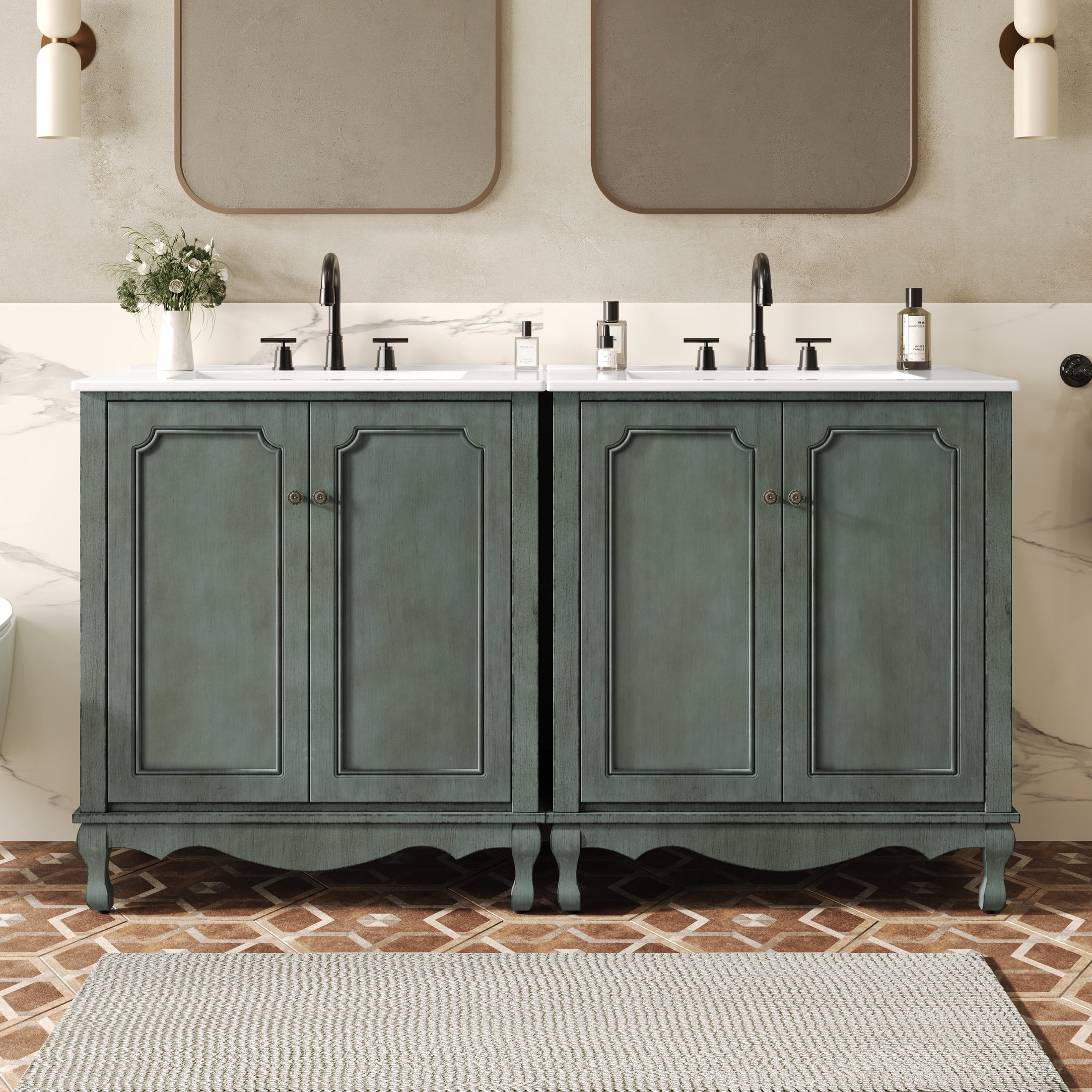 Christopher Knight Home Vintage 30" Bathroom Vanity, Ceramic Sink, 2 Soft-Close Doors, Adjustable Shelves, Antique Teal, Set of 2