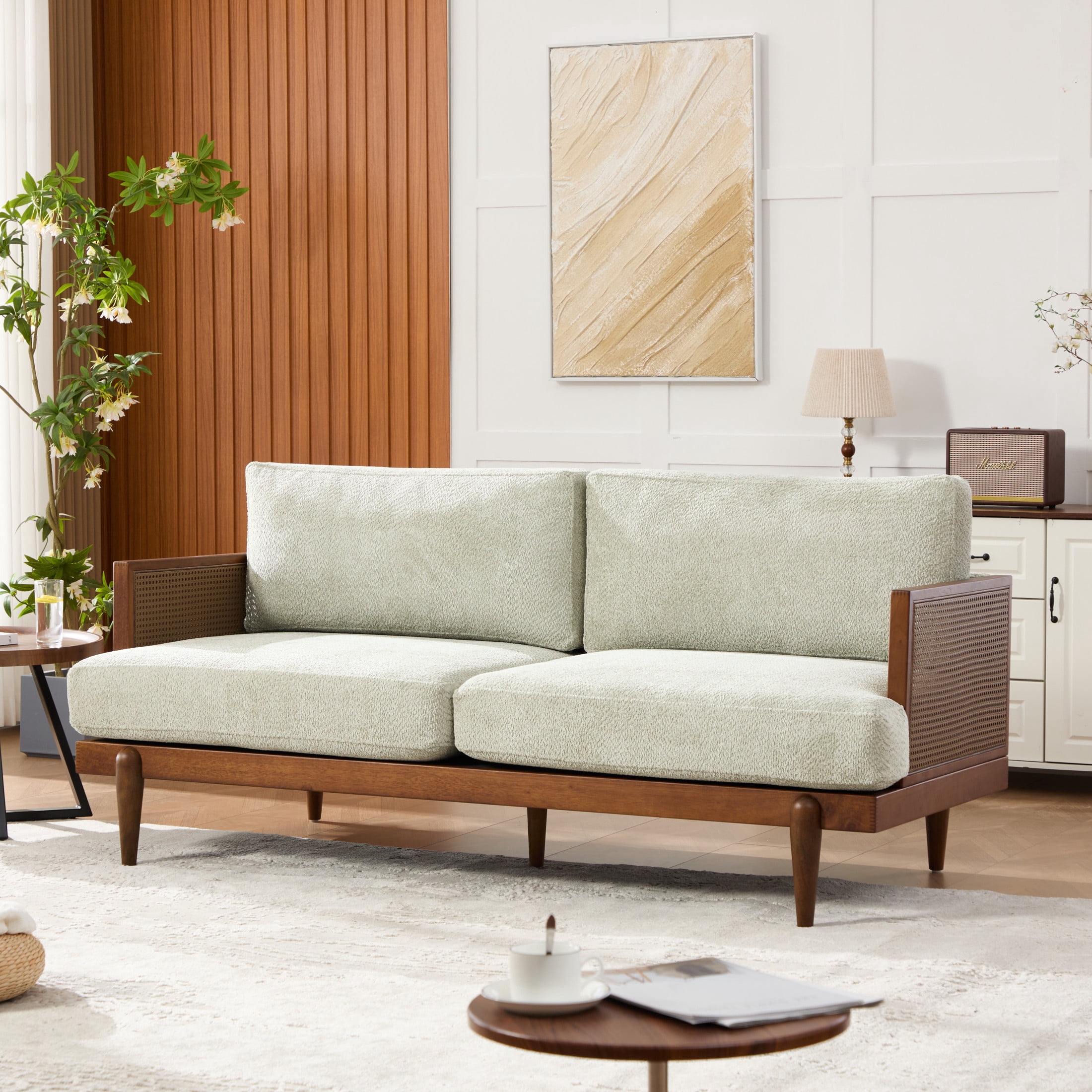 Christopher Knight Home Vintage 72“ Rattan 3-Seat Sofa with Solid Wood Frame, High-Rebound Cushions, Light Green