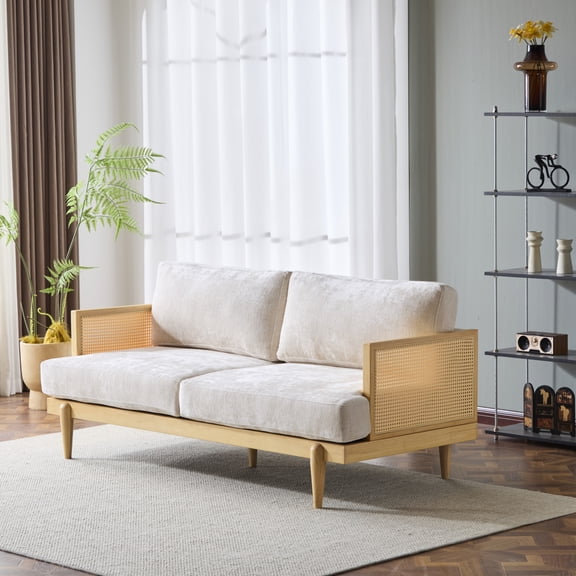 Christopher Knight Home Vintage 72“ Rattan 3-Seat Sofa with Solid Wood Frame, High-Rebound Cushions, Natural