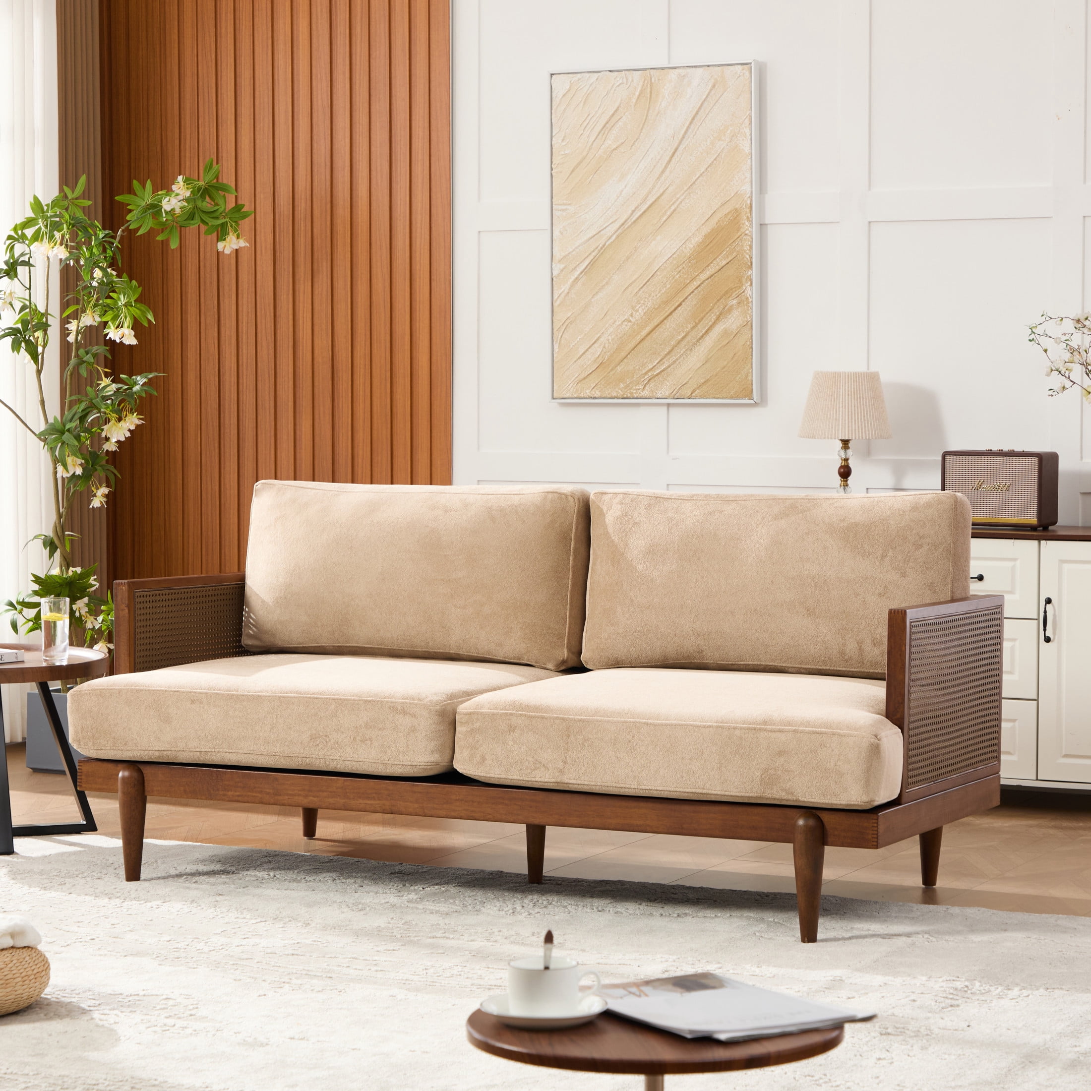 Christopher Knight Home Vintage 72“ Rattan 3-Seat Sofa with Solid Wood Frame, High-Rebound Cushions, Nomad