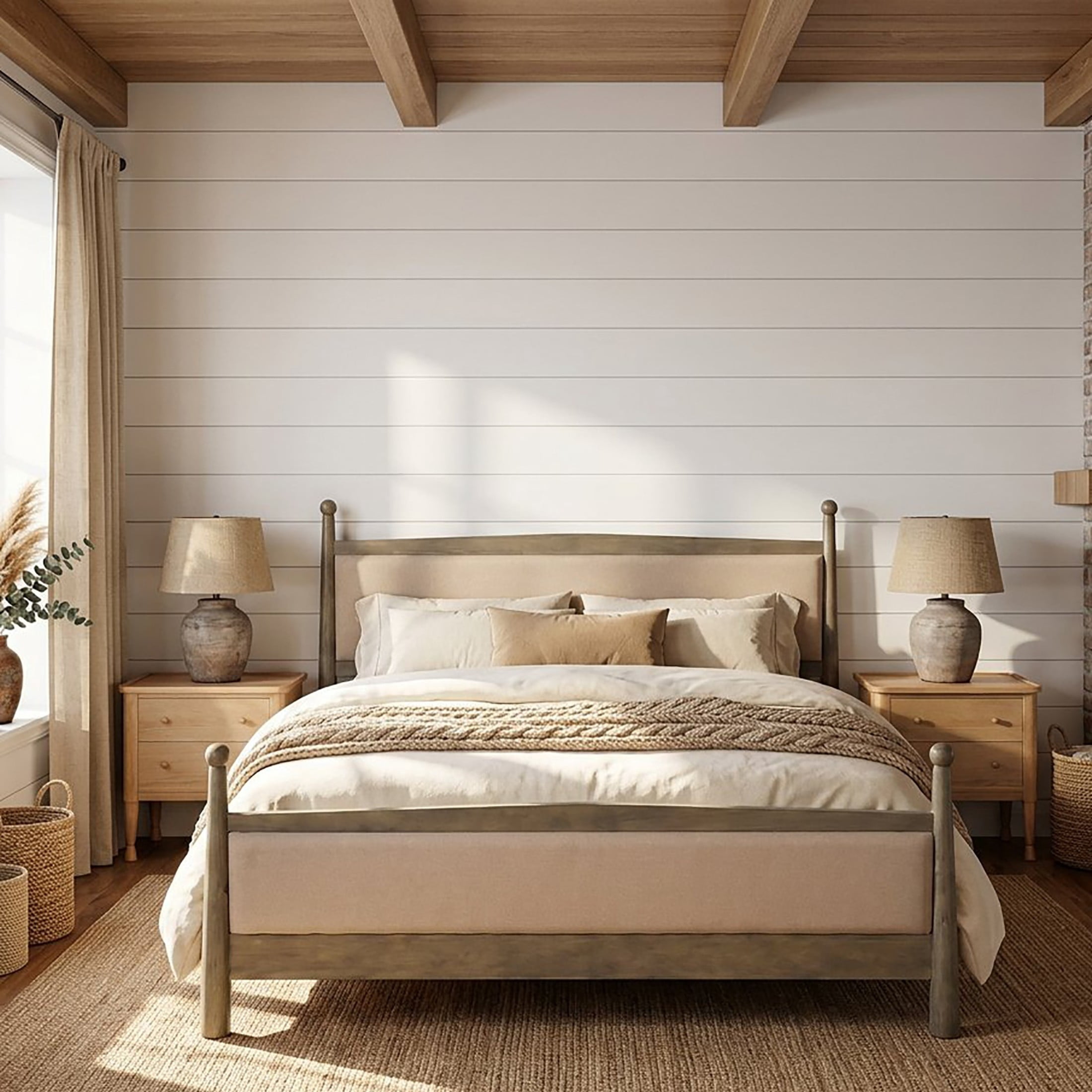 Christopher Knight Home Vintage Bedroom Set, King Upholstered Bed with 2 Nightstands, Natural