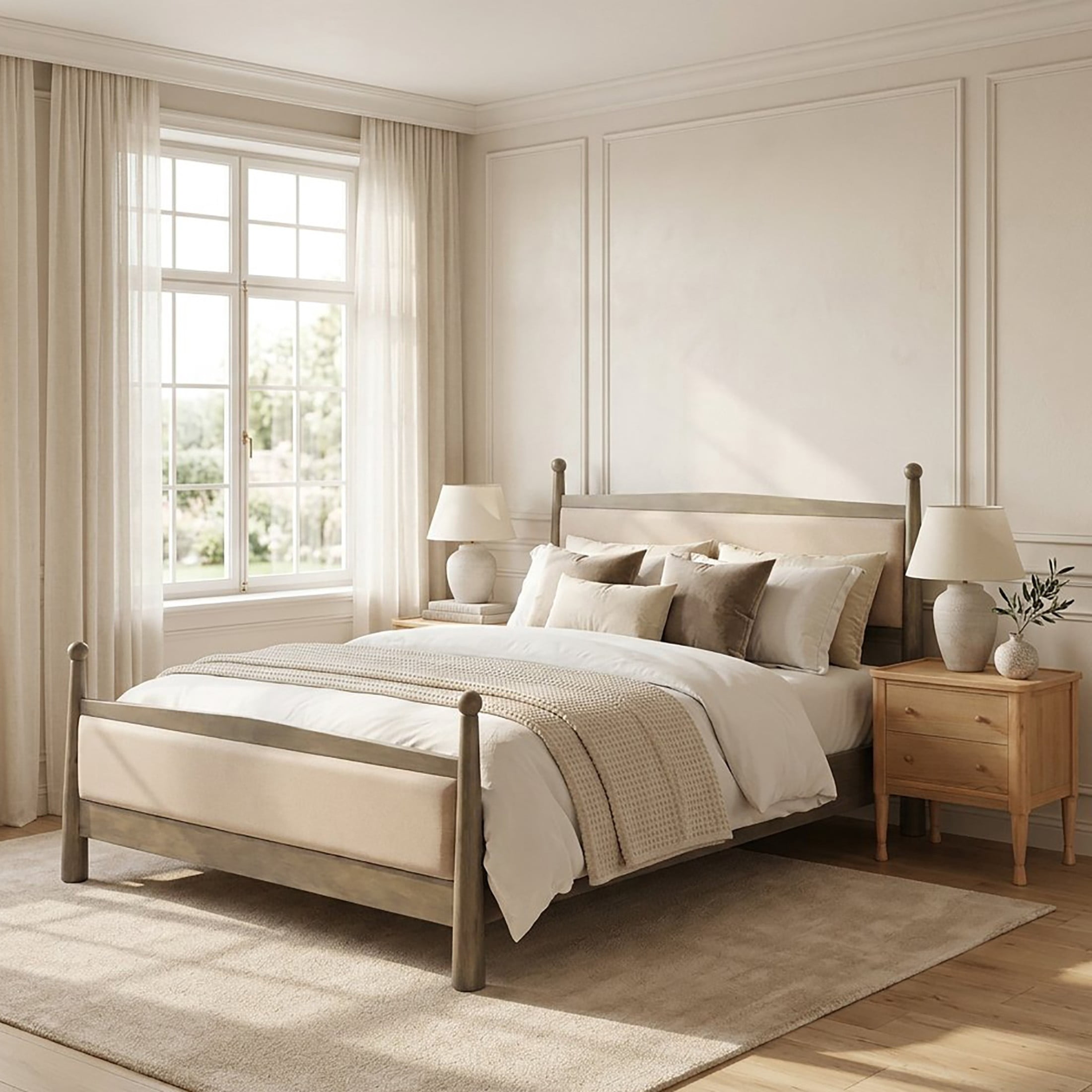 Christopher Knight Home Vintage Bedroom Set, Queen Upholstered Bed with 2 Nightstands, Natural