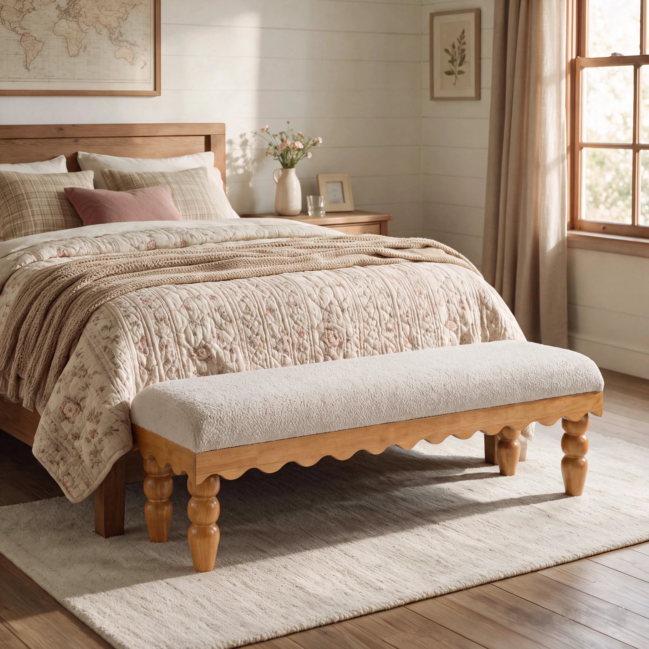 Christopher Knight Home Vintage Boucle Fabric Bench, Wave Trim Ottoman with Solid Wood Legs, Beige