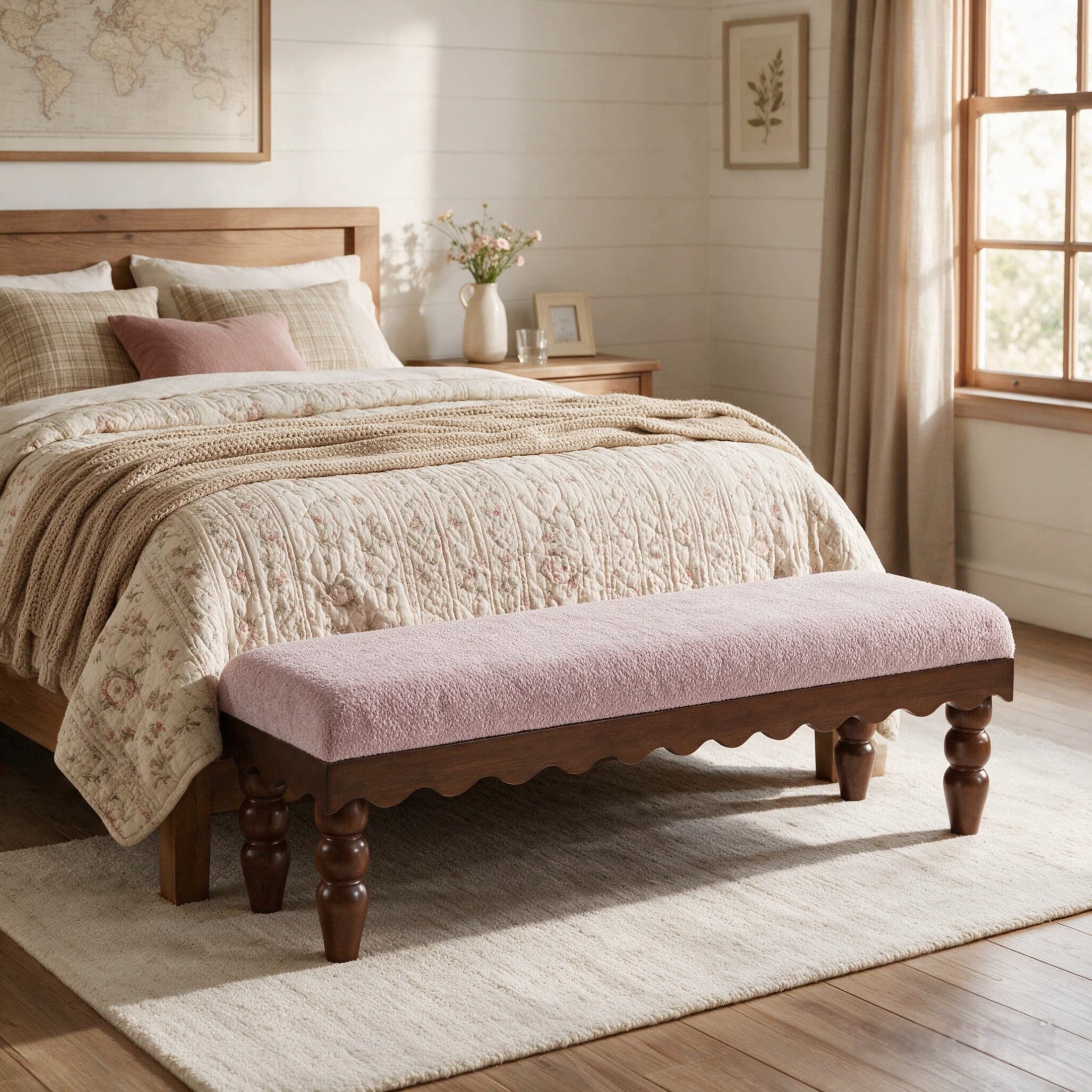 Christopher Knight Home Vintage Boucle Fabric Bench, Wave Trim Ottoman with Solid Wood Legs, Dusty Pink