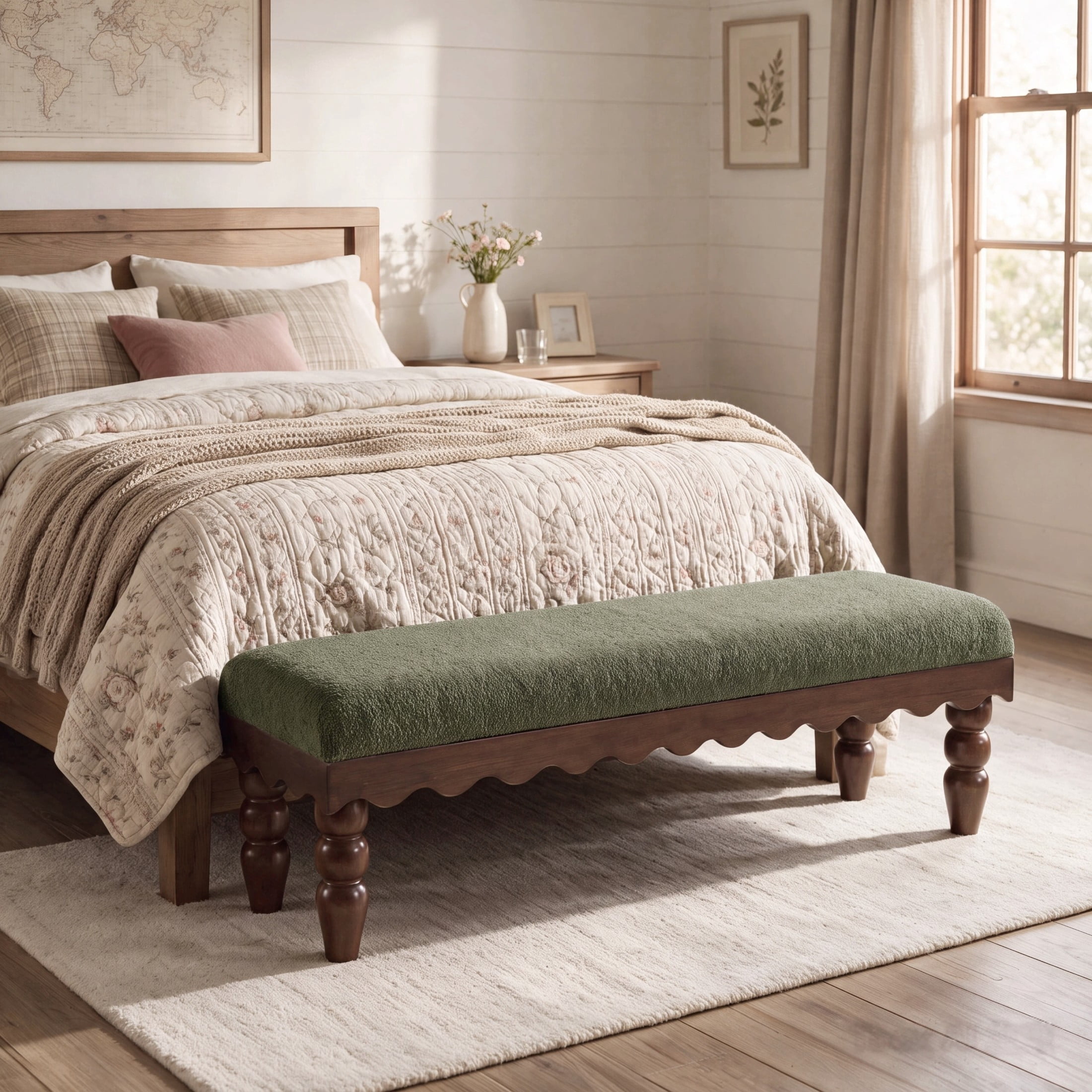 Christopher Knight Home Vintage Boucle Fabric Bench, Wave Trim Ottoman with Solid Wood Legs, Olive Green
