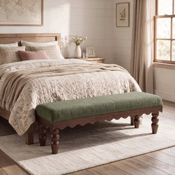 Christopher Knight Home Vintage Boucle Fabric Bench, Wave Trim Ottoman with Solid Wood Legs, Olive Green