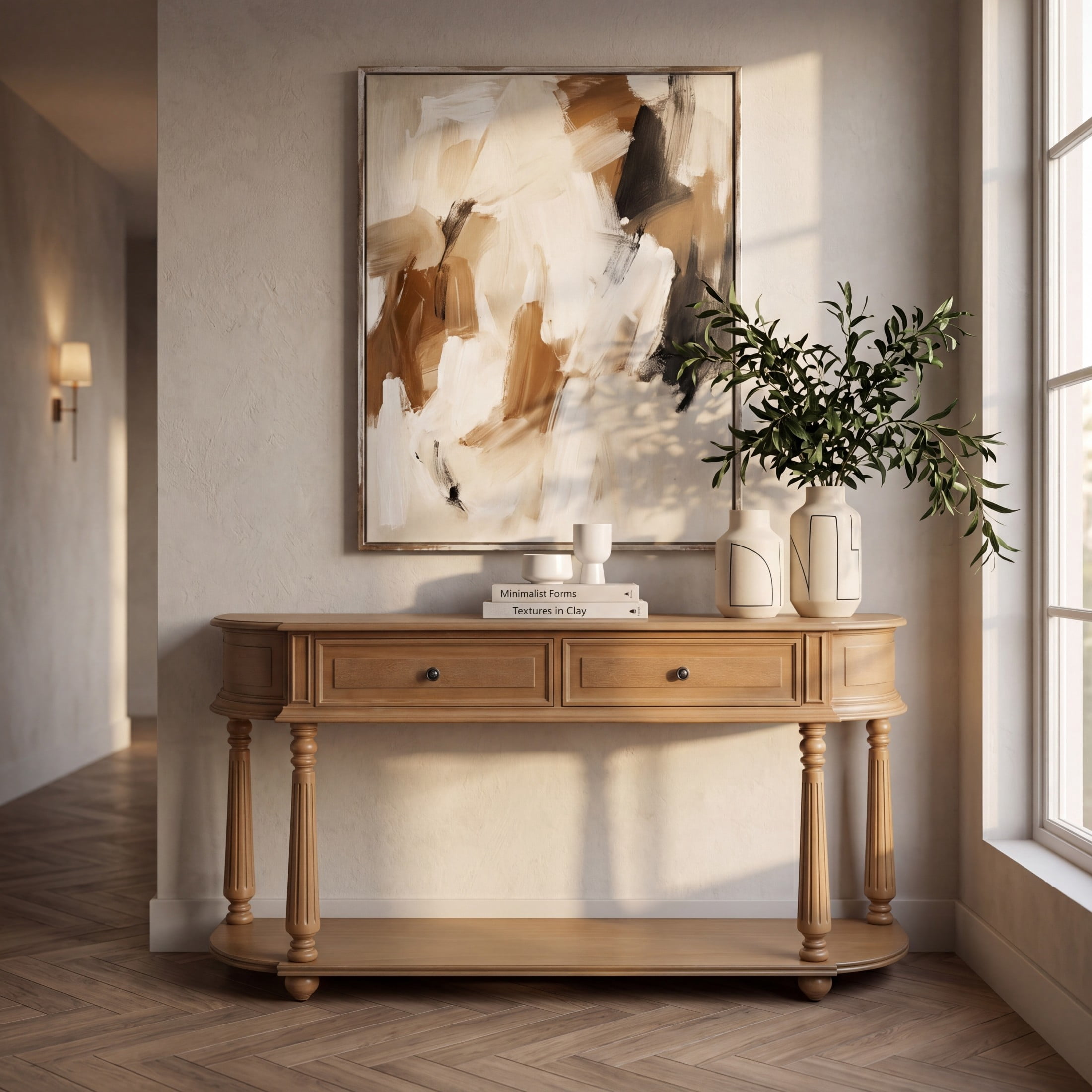 Christopher Knight Home Vintage Half Moon Wood Console Table with Drawers and Open Shelf, Natural