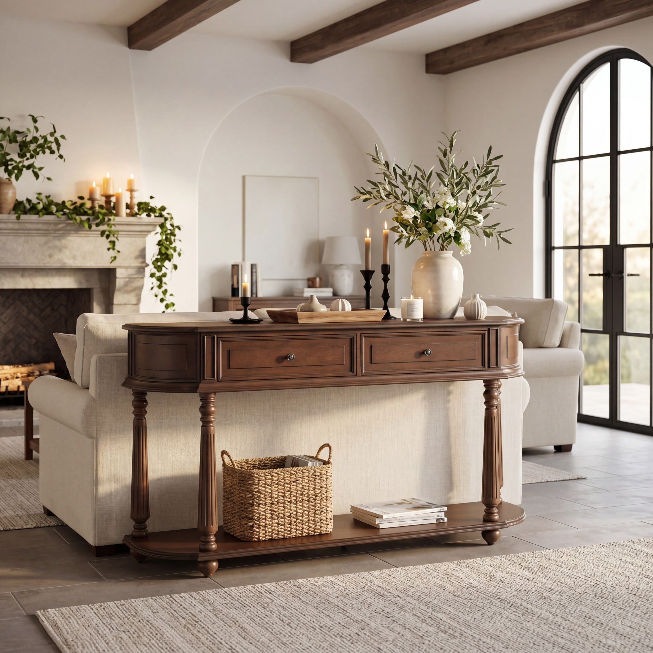 Christopher Knight Home Vintage Half Moon Wood Console Table with Drawers and Open Shelf, Walnut