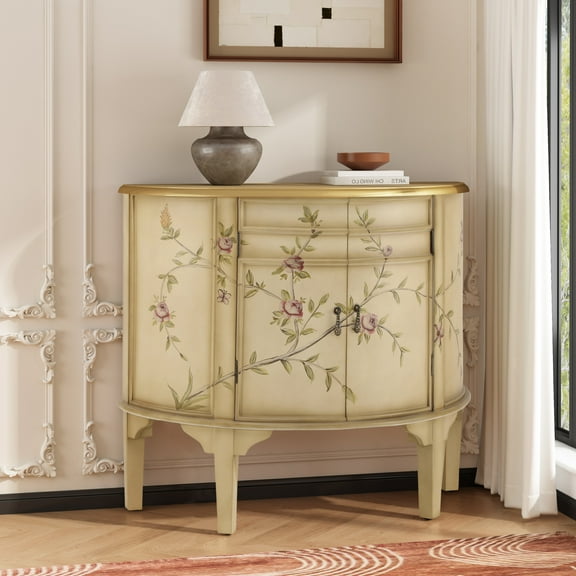 Christopher Knight Home Vintage Hand-Painted Half Moon Accent Storage Cabinet with Floral Design, Antique Cream