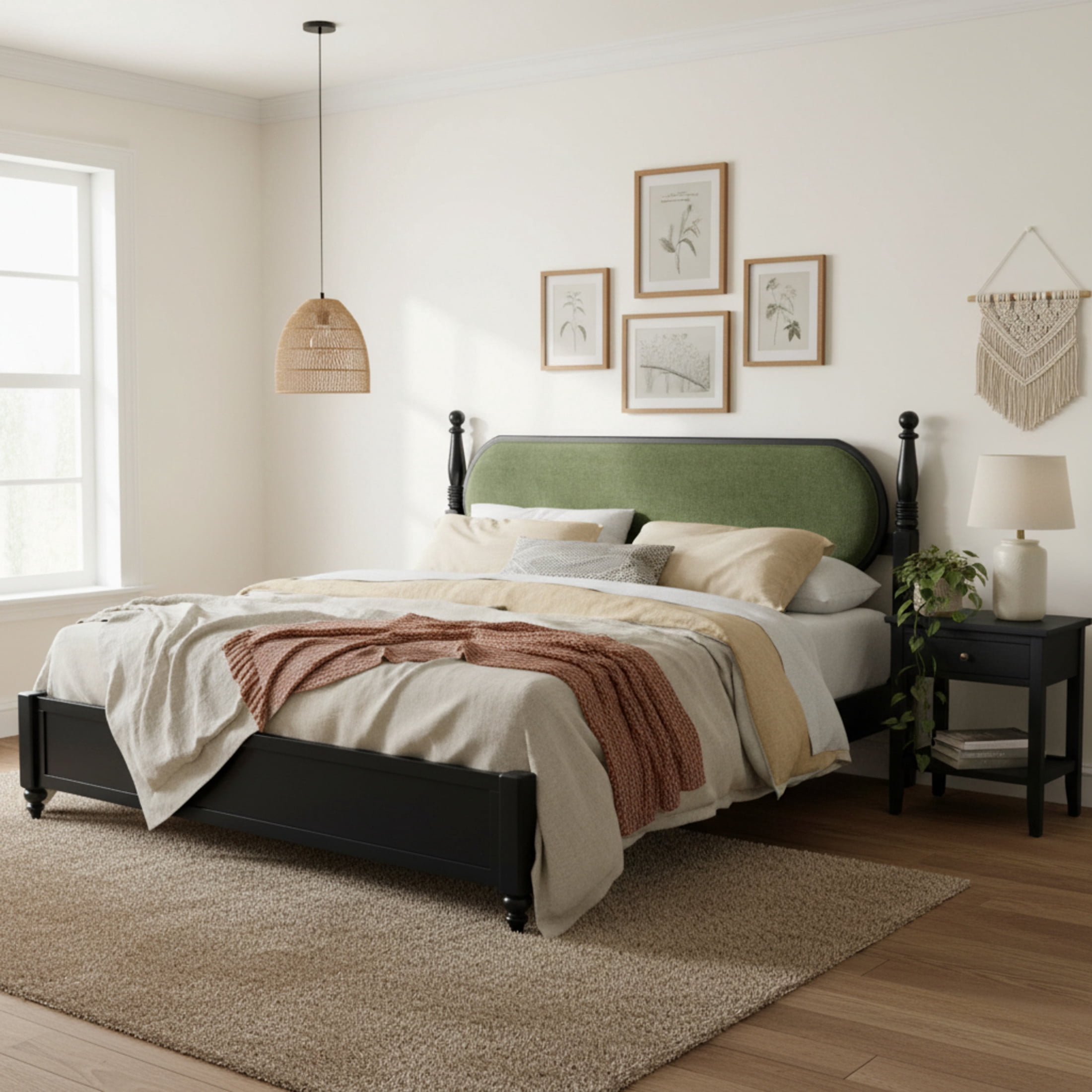 Christopher Knight Home Vintage King Platform Bed Frame with Upholstered Headboard, Black+Green