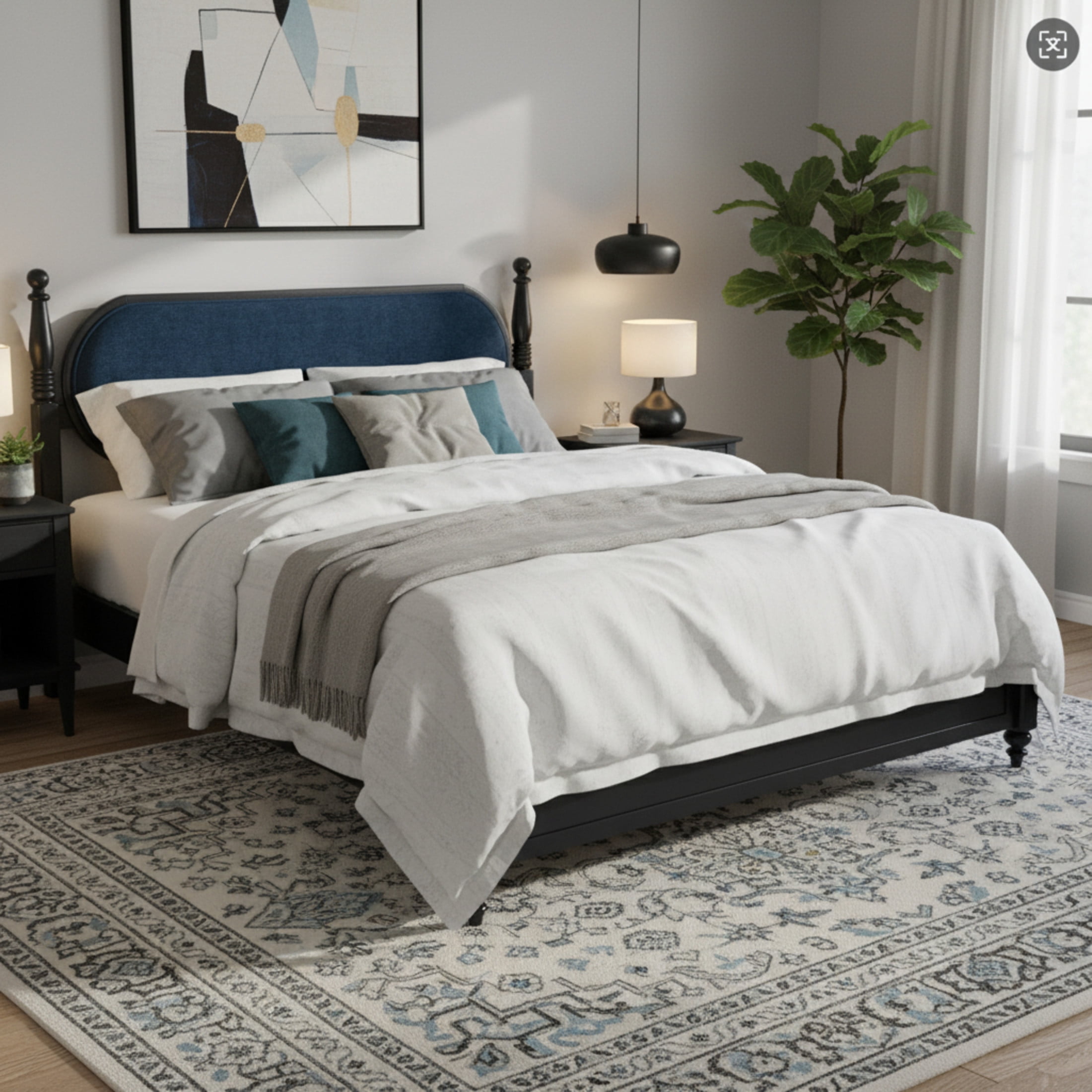 Christopher Knight Home Vintage King Platform Bed Frame with Upholstered Headboard, Black+Navy Blue
