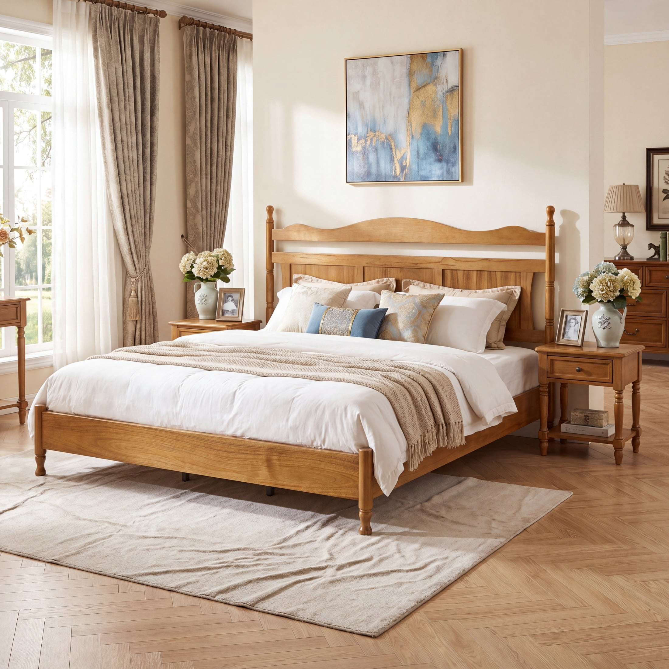 Christopher Knight Home Vintage King Solid Wood Platform Bed Frame, Curved Headboard, Natural