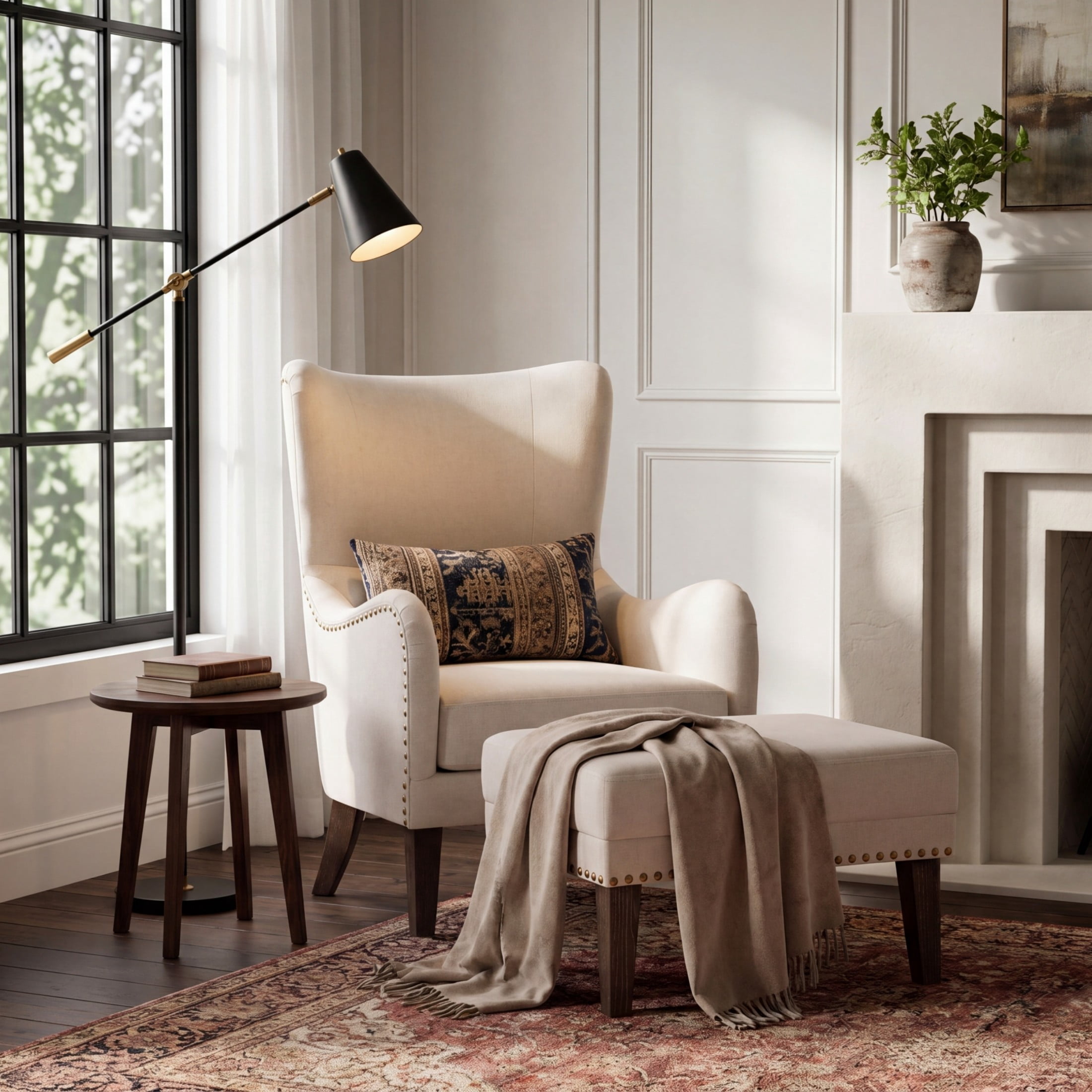 Christopher Knight Home Vintage Lounge Chair and Ottoman Set, Curved Backrest Accent Armchair with Nailhead Trim, Beige