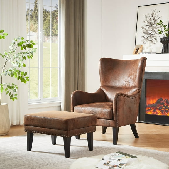 Christopher Knight Home Vintage Lounge Chair and Ottoman Set, Curved Backrest Accent Armchair with Nailhead Trim, Brown