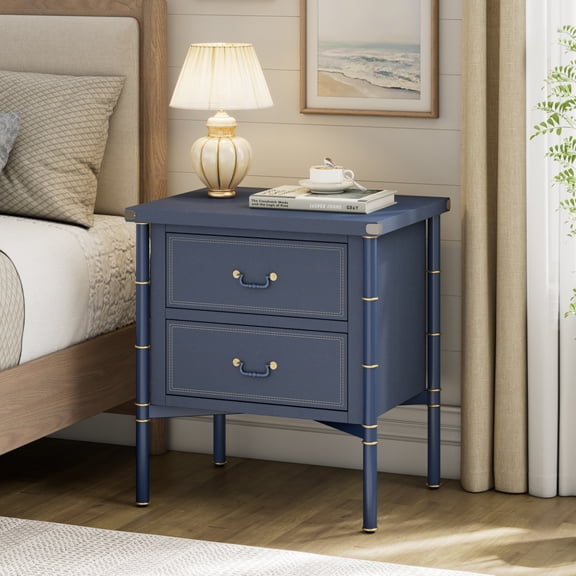 Christopher Knight Home Vintage Nightstand with 2 Drawers, PU Upholstered Bedside Table, Navy Blue