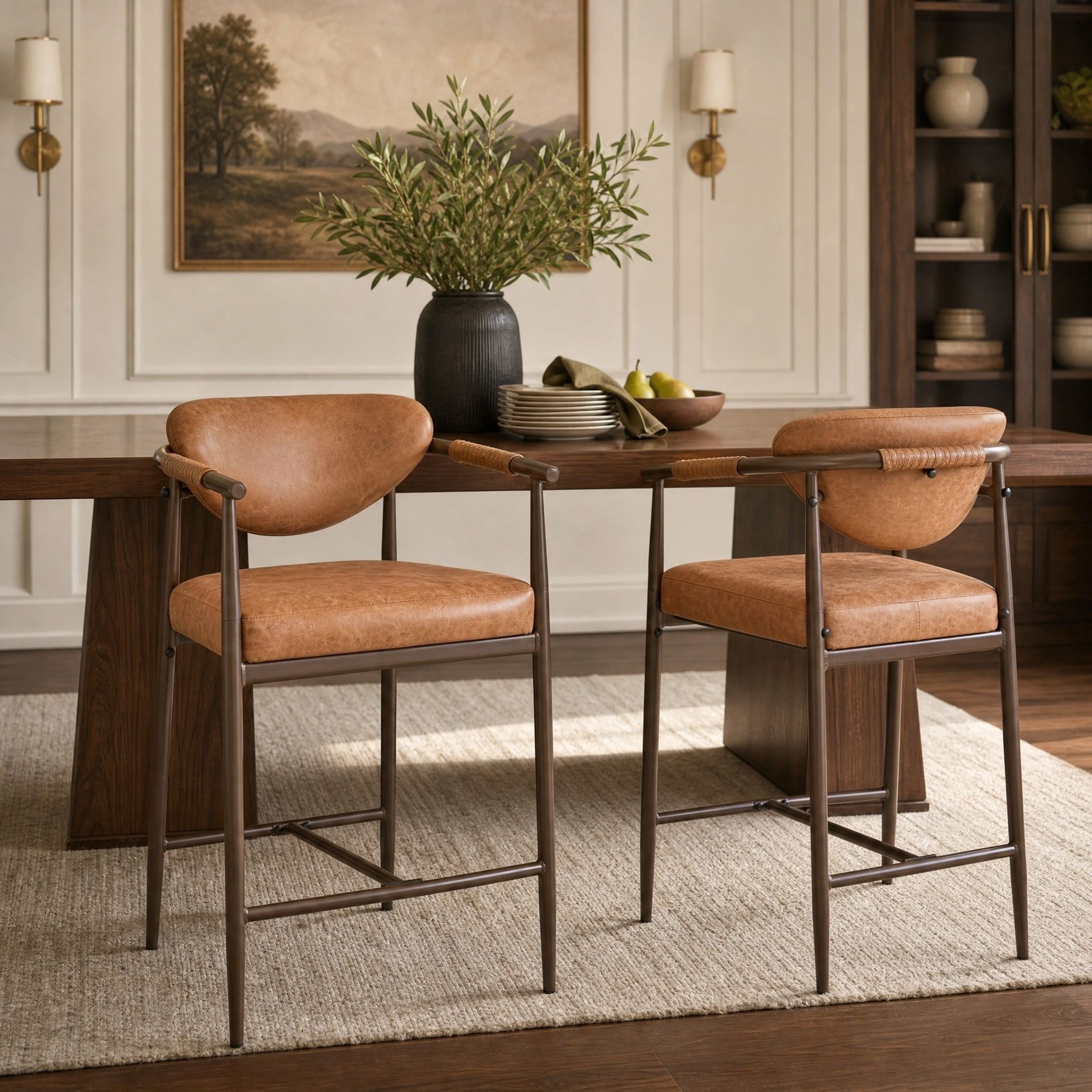Christopher Knight Home Vintage PU Leather Counter Stools with Iron Frame, Reddish Brown, Set of 2