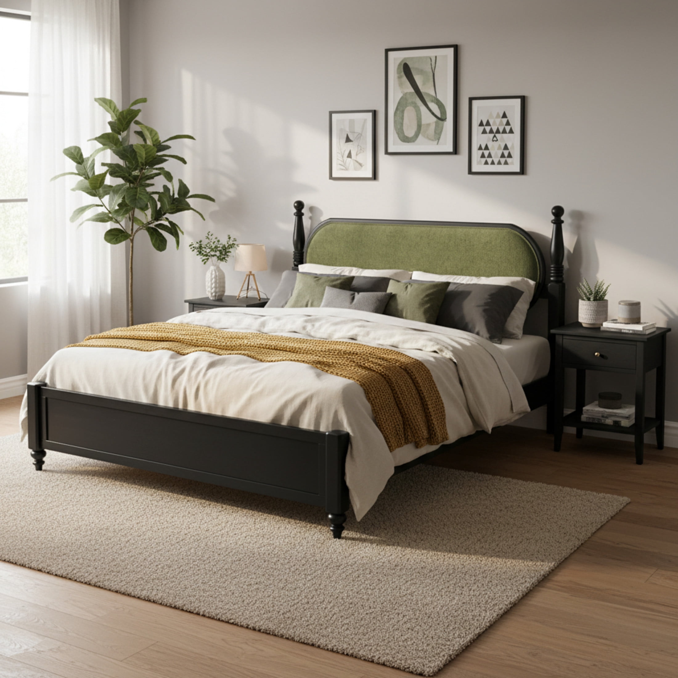 Christopher Knight Home Vintage Queen Platform Bed Frame with Upholstered Headboard, Black+Green