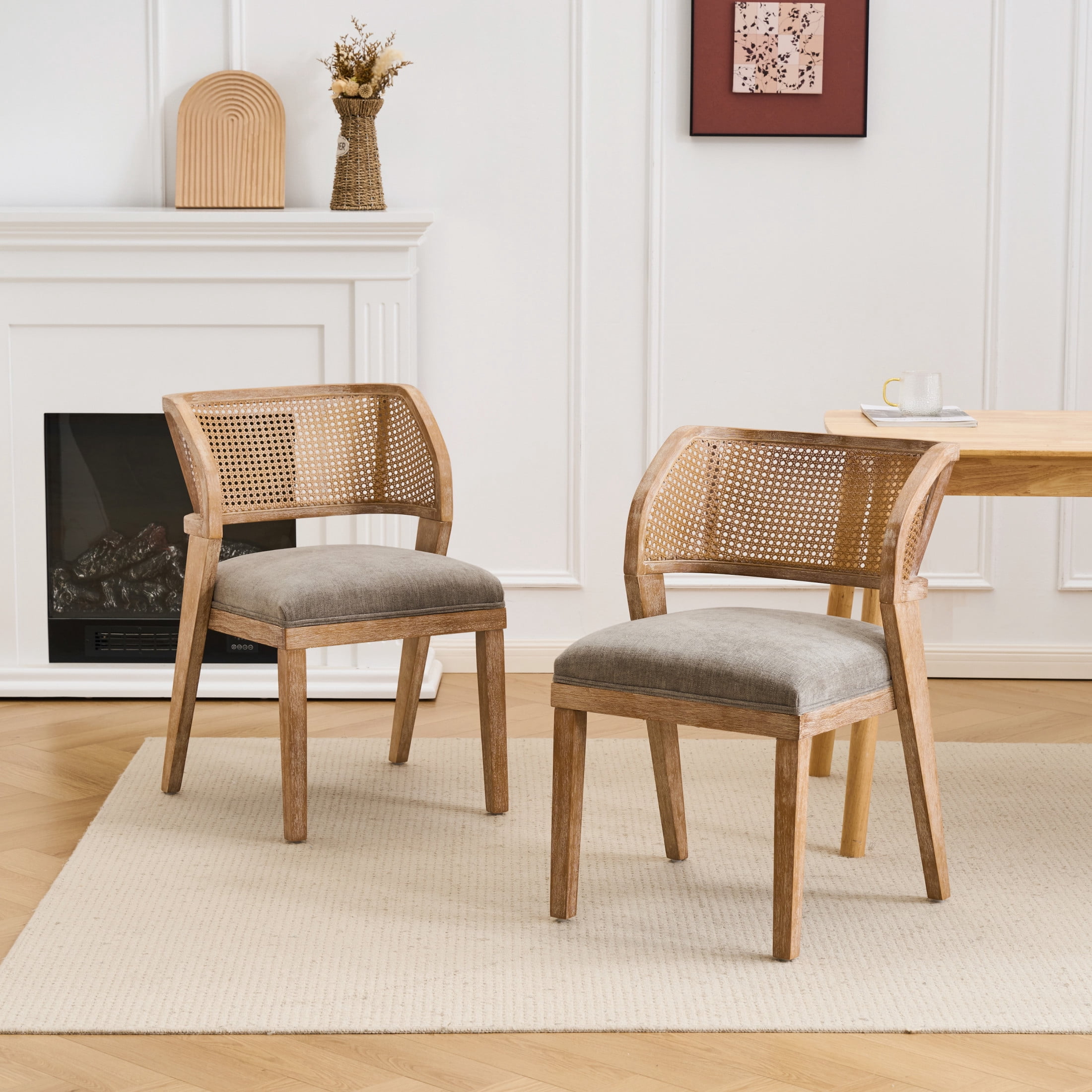 Christopher Knight Home Vintage Rattan Back Dining Chairs Set of 2, Natural Rubberwood Frame, Light Brown Seat