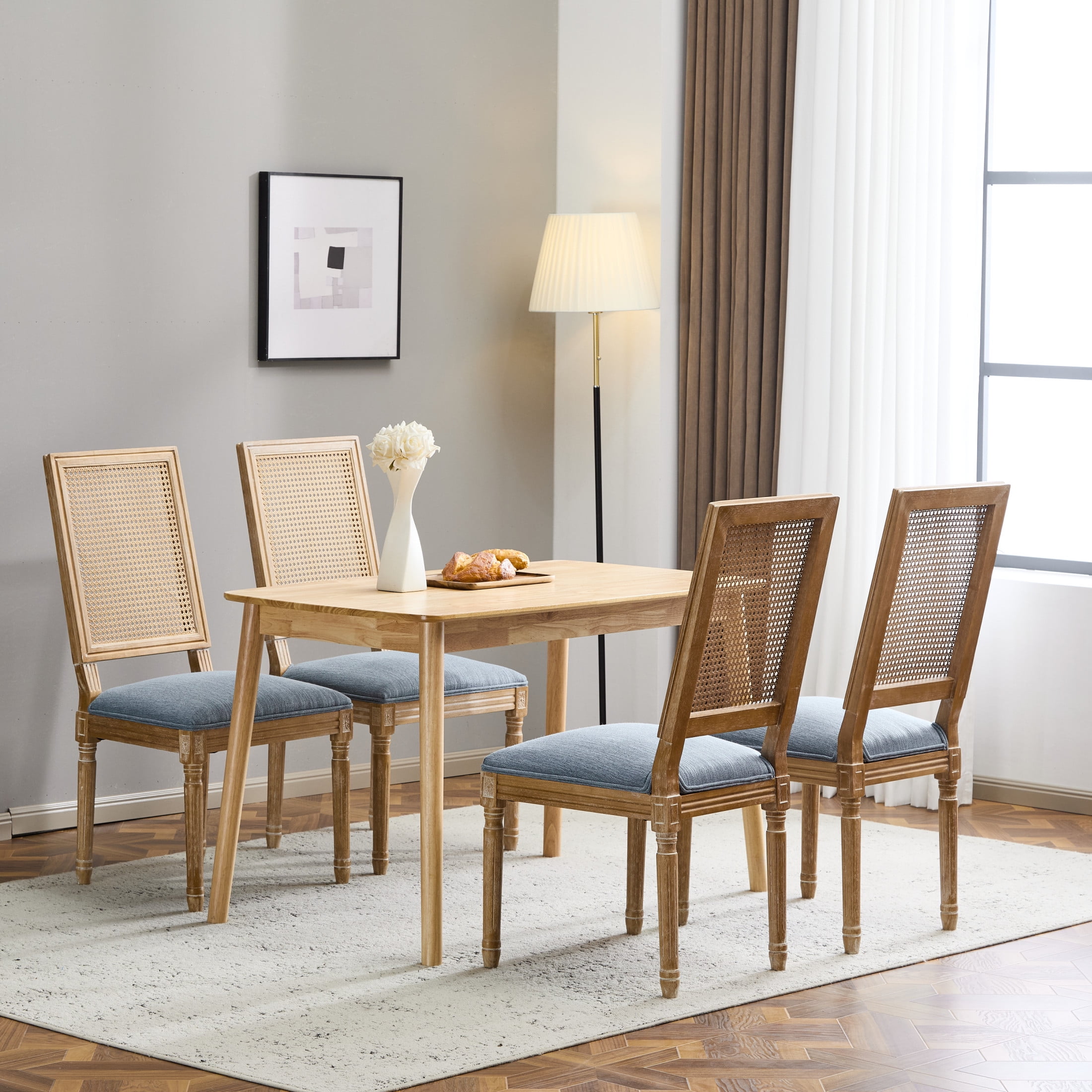 Christopher Knight Home Vintage Upholstered Dining Chairs, Cane Backrest, Solid Wood Frame, Denim Blue, Set of 4