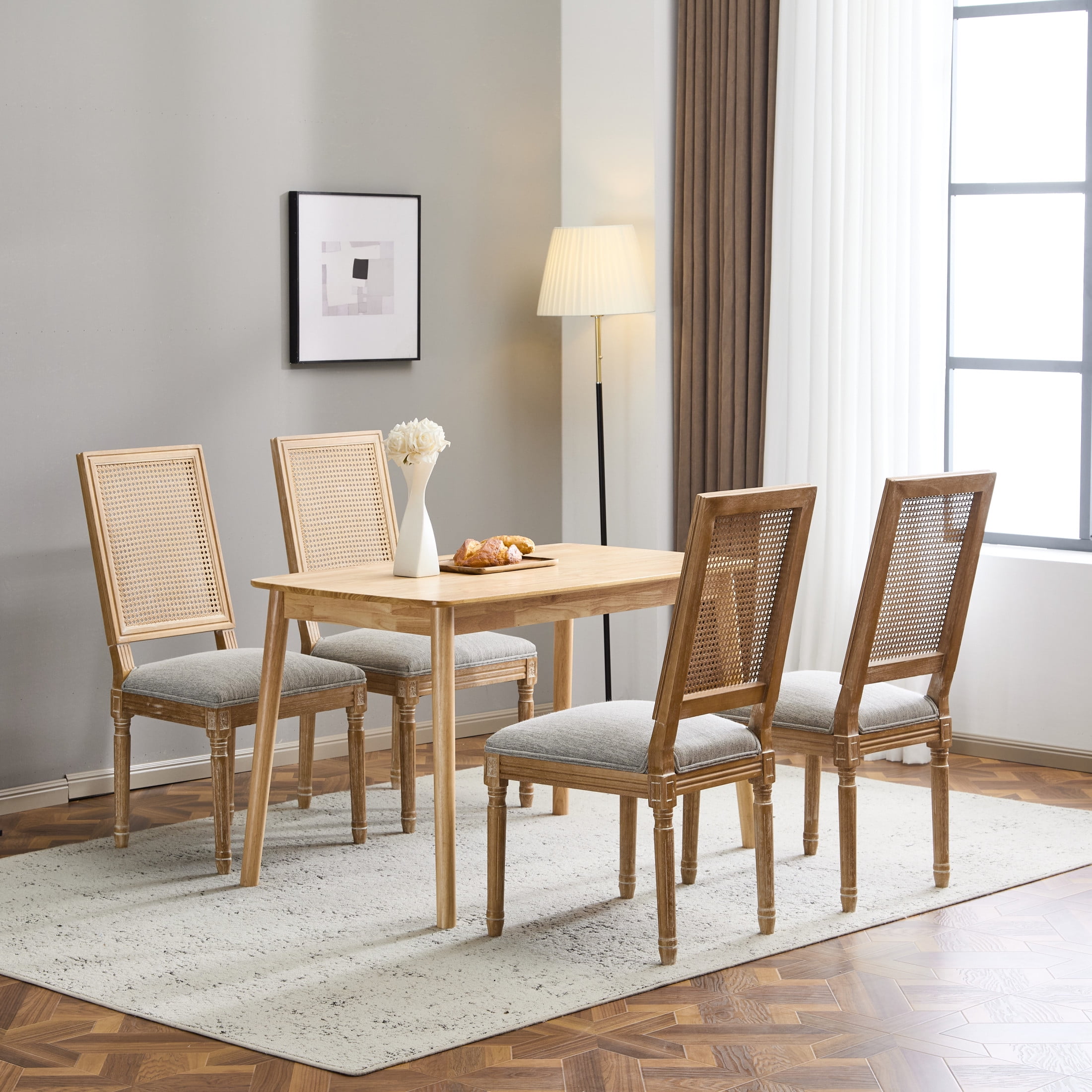 Christopher Knight Home Vintage Upholstered Dining Chairs, Cane Backrest, Solid Wood Frame, Greyish Green, Set of 4