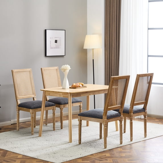 Christopher Knight Home Vintage Upholstered Dining Chairs, Cane Backrest, Solid Wood Frame, Haze Blue, Set of 4
