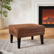 Christopher Knight Home Vintage Upholstered Ottoman with Nailhead Trim, Solid Wood Legs, Brown