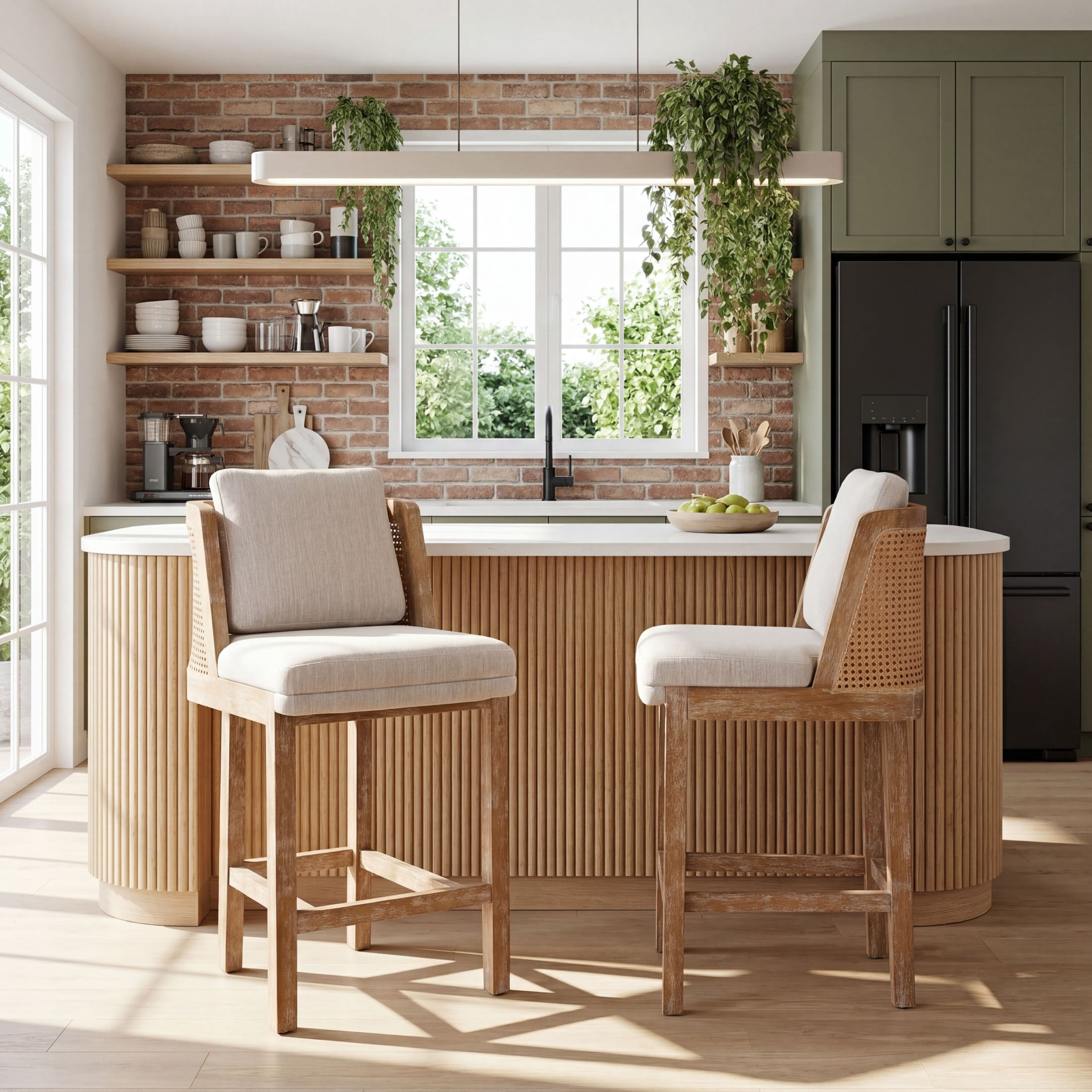 Christopher Knight Home Vintage Wood Counter Stools with Rattan Back and Cushion, Natural+Beige, Set of 2