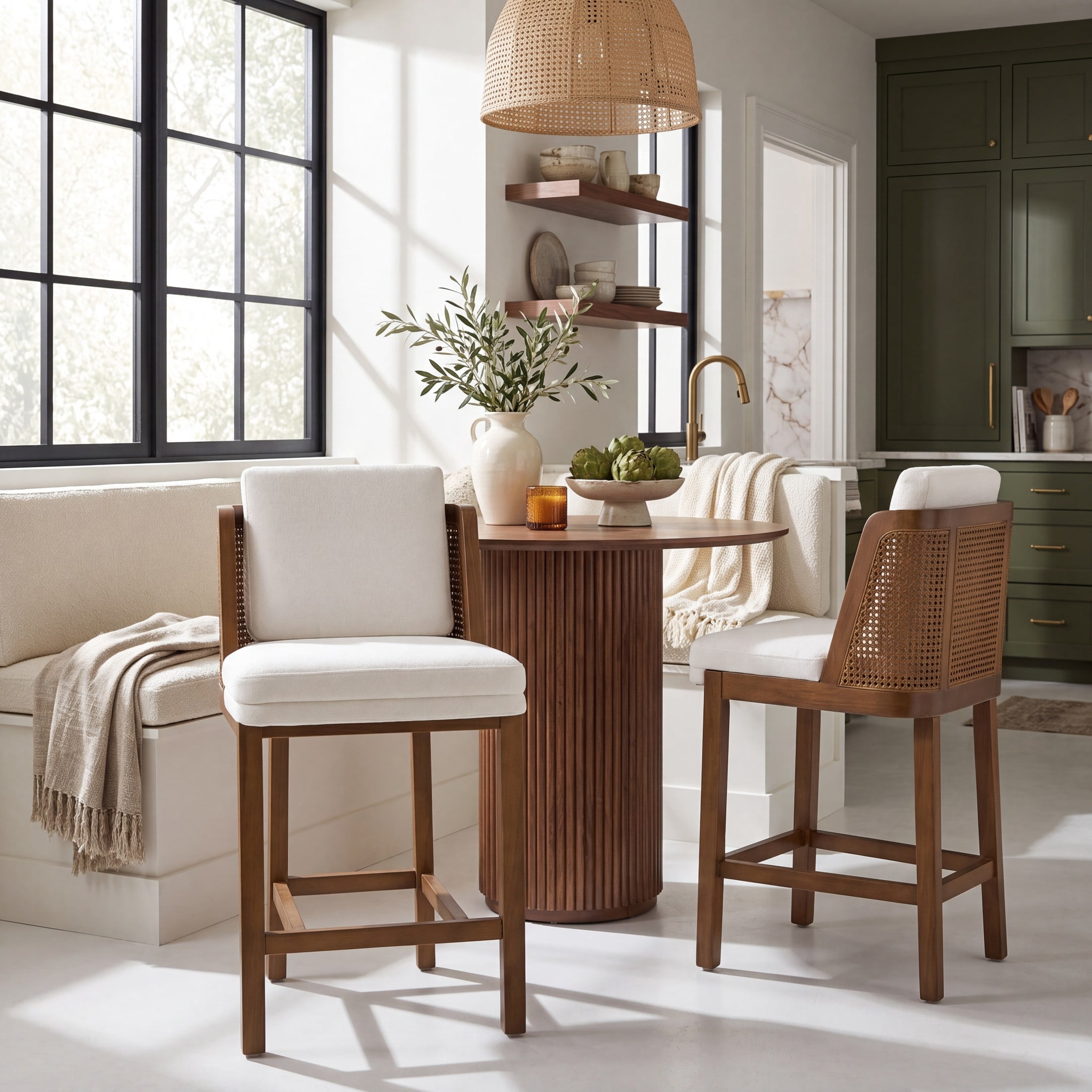 Christopher Knight Home Vintage Wood Counter Stools with Rattan Back and Cushion, Walnut+White, Set of 2