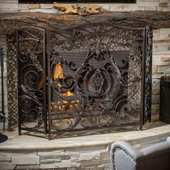 Christopher Knight Home Waterbury Fireplace Screen, Gold Flower On Black
