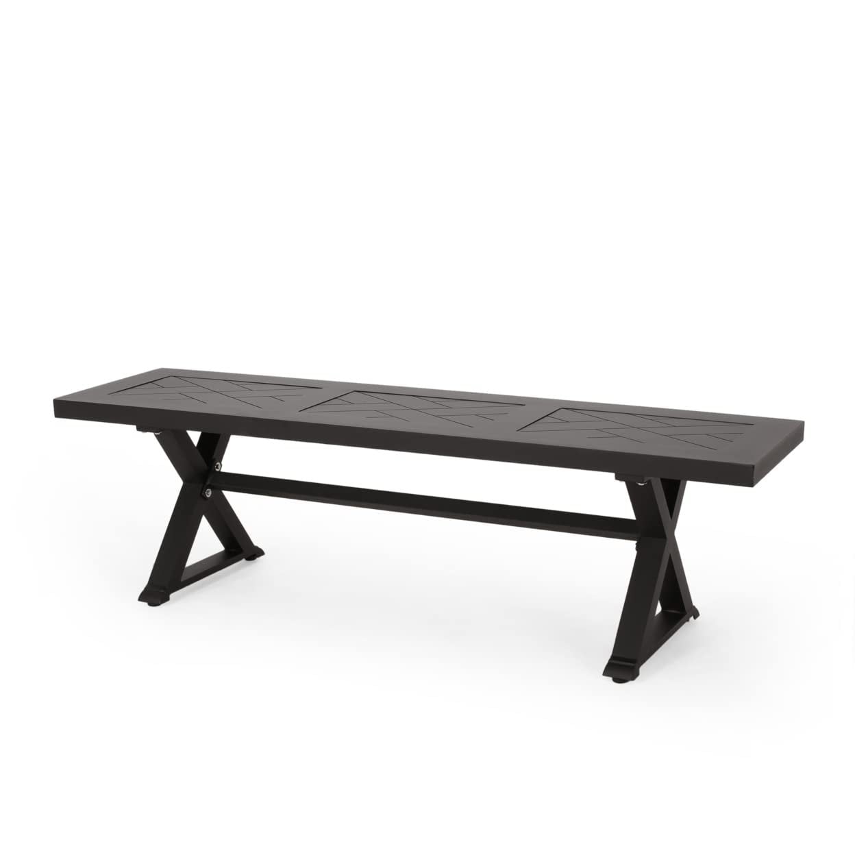 Antique Matte Black Aluminum Outdoor Dining Bench with X-Shaped Legs