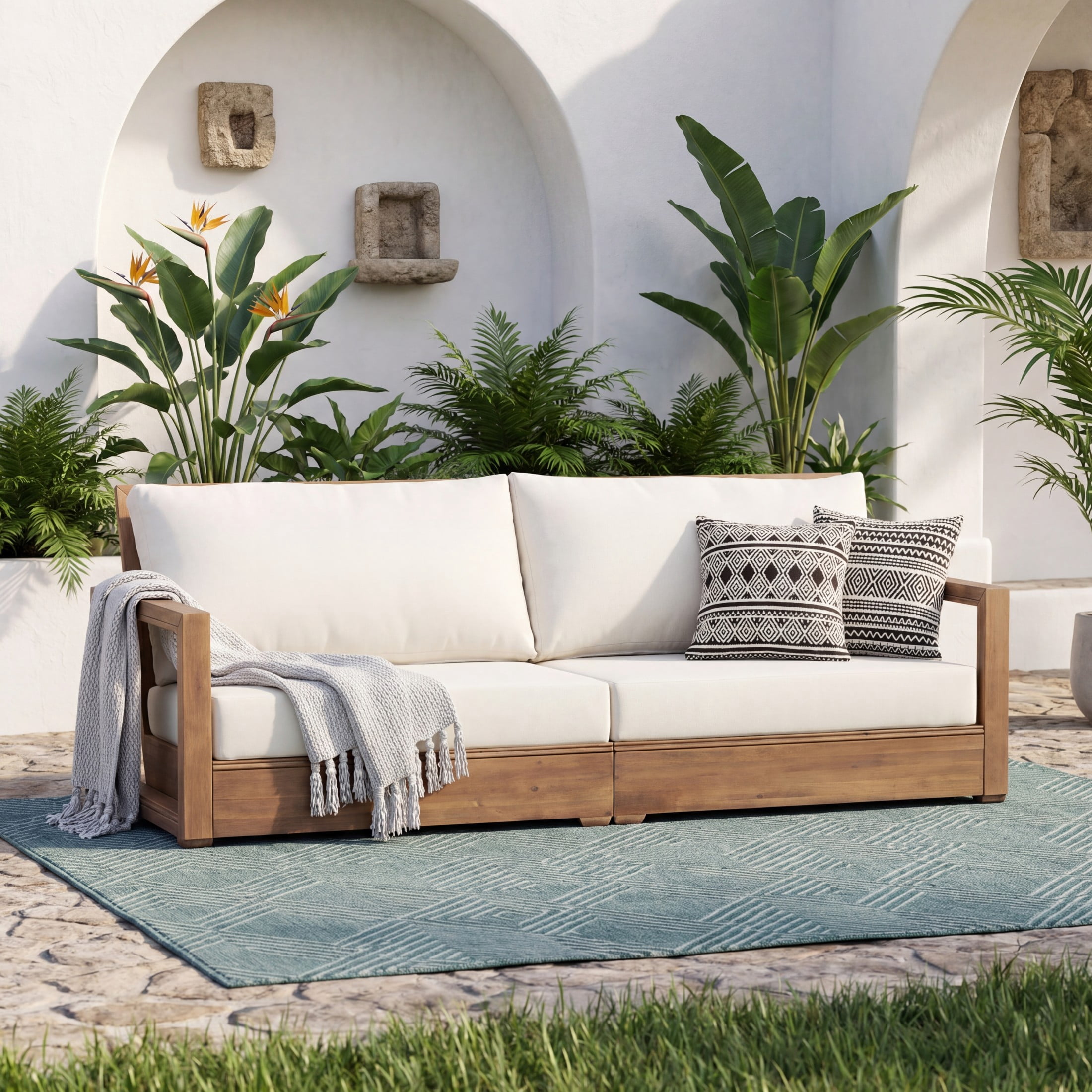 Christopher Knight Home Westchester Outdoor 3 Seater Sofa, Wood Frame with Cushions, Brown+Beige