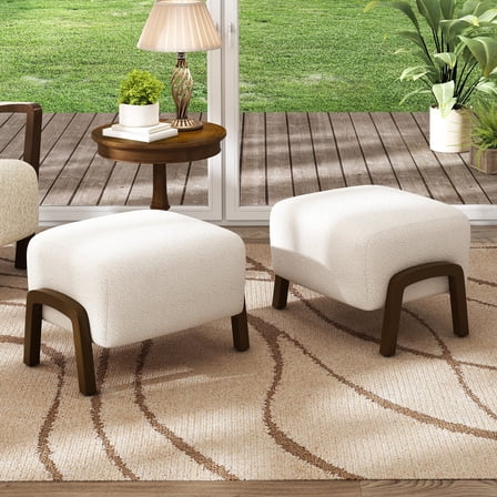 Christopher Knight Home White Boucle Ottoman, Dark Brown Wooden Legs, Contemporary Upholstered Footstool, Set of 2