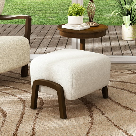 Christopher Knight Home White Boucle Ottoman, Dark Brown Wooden Legs, Contemporary Upholstered Footstool