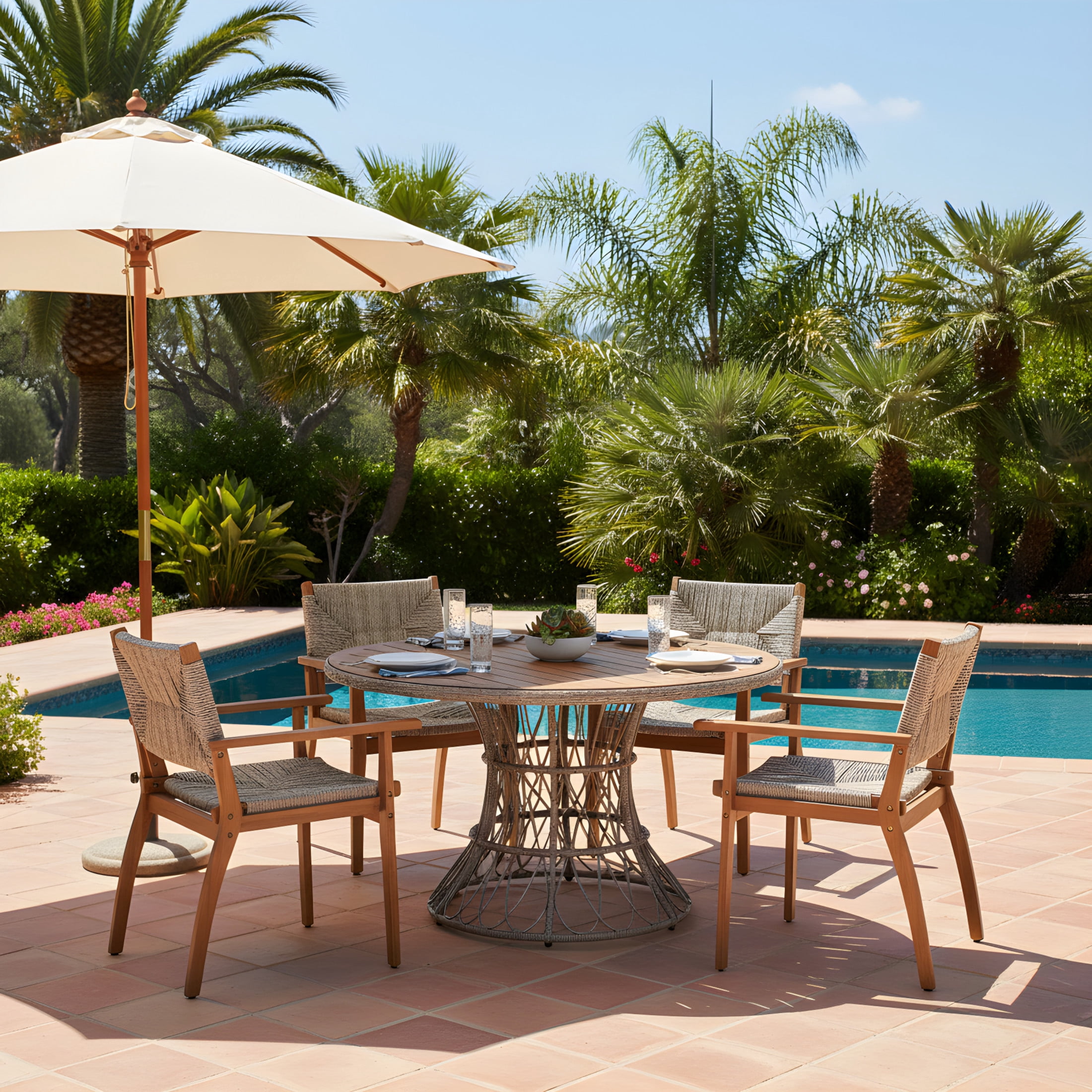 Christopher Knight Home Wicker Outdoor Dining Set for 4, Round Wood Table with Patio Chairs, Brown