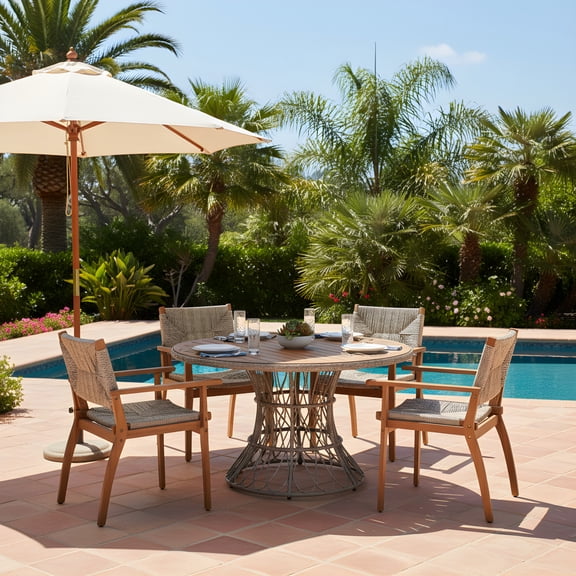 Christopher Knight Home Wicker Outdoor Dining Set for 4, Round Wood Table with Patio Chairs, Brown